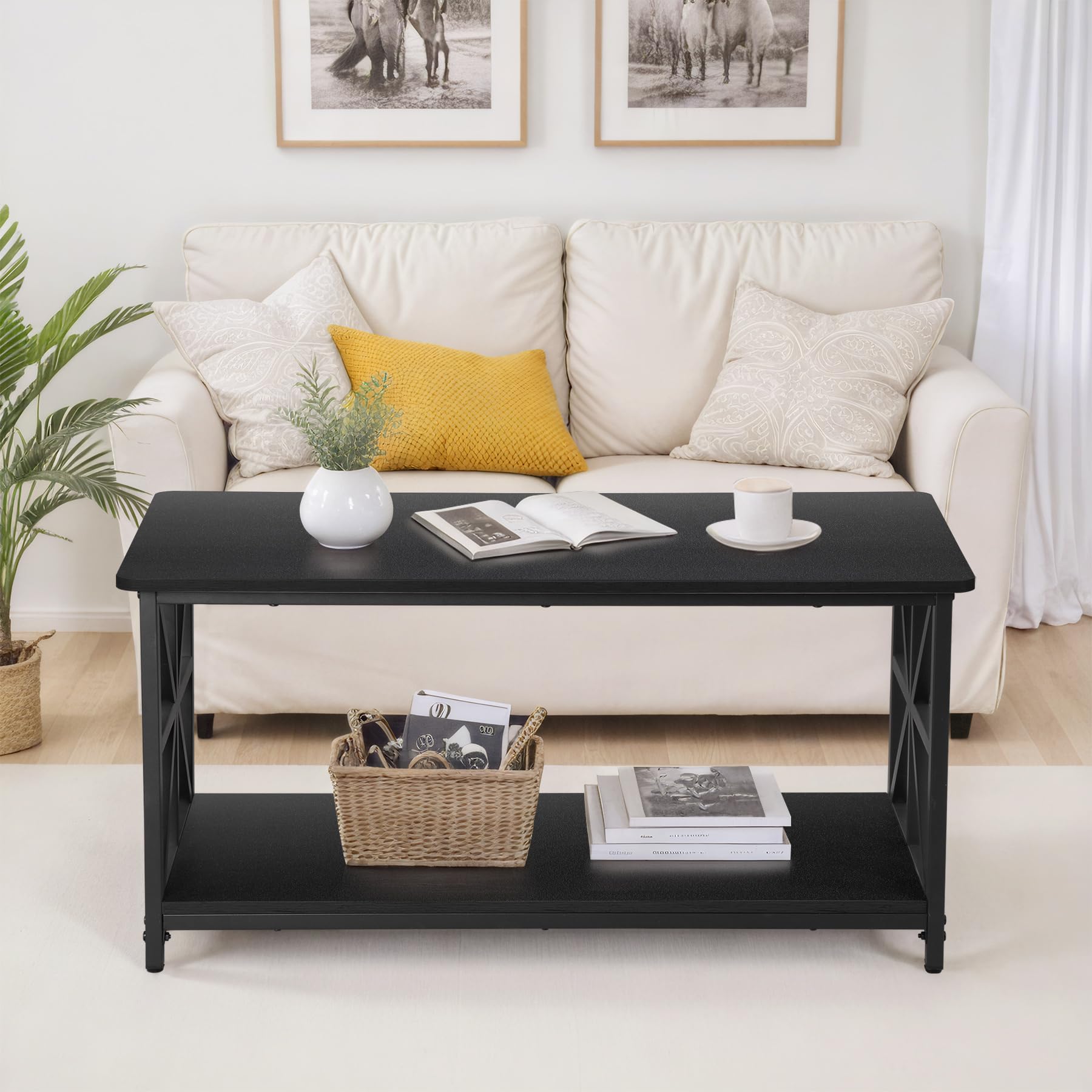 Nouva 2-Tier Farmhouse Coffee Table Modern Rectangular Dining Center Table w Storage Shelf Steel Frame for Living Room