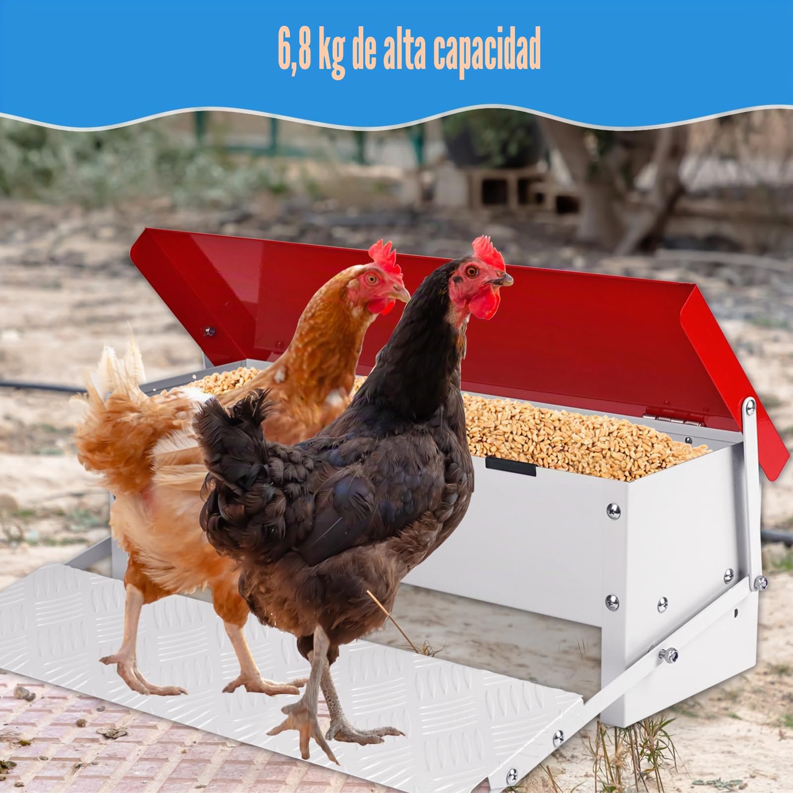 Comedero para Pollos con Pedal Metálico Capacidad 7kg, Alimentador Antidesperdicio Resistente a la Intemperie para Exterior con Tapa Protectora, Adecuado para 6 a 12 Pollos, Patos y Gansos