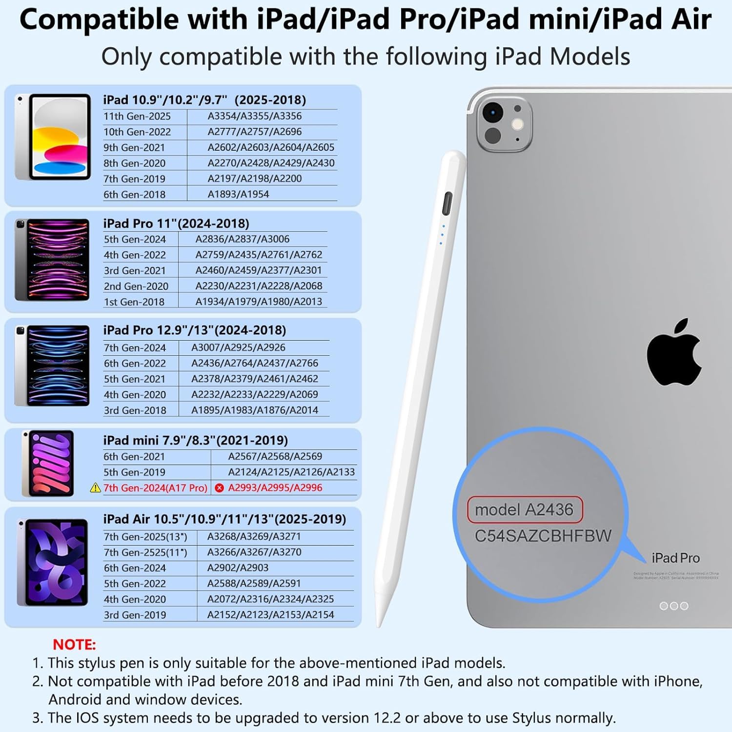 Penna Compatibile con Apple iPad 2018-2025,Ricarica Rapida,Rifiuto del Palmo,Palm Rejection,Stylus Pencil per ipad 11 A16/10/9/8/7/6,Pro 11/12.9,Air 3/4/5/M2/M3,Mini 5/6-Bianco - 5