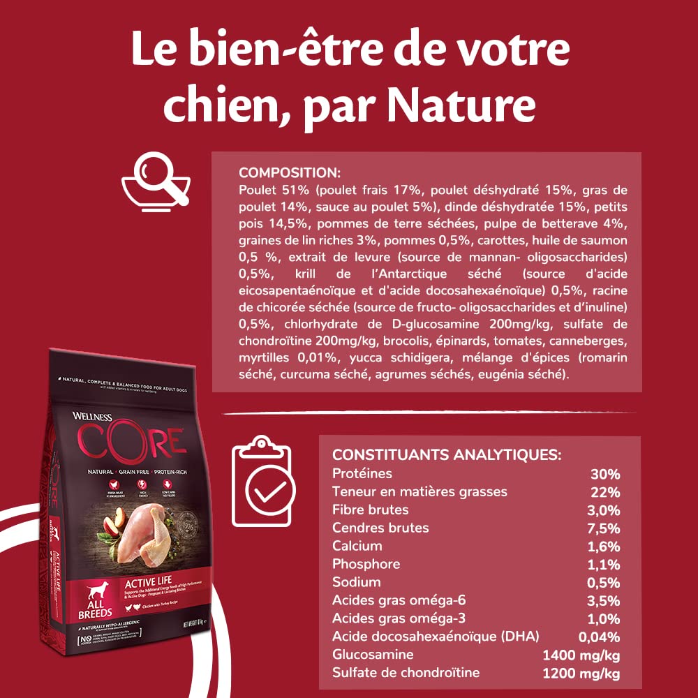 Wellness CORE Active Life 10 kg, Poulet & Dinde – Croquettes Chiens | Pour Chien Actif, Sans Céréales, Naturelles, Hypoallergénique, Riche en protéines et Viande, Energie & Santé Cardiaque