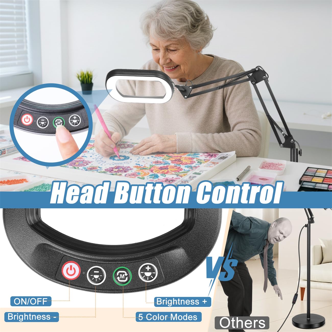 IVMAIE Lupa de 10 aumentos con luz y soporte, lámpara de pie 3 en 1 con abrazadera, 5 modos de color, LED regulable, lupa de pie con luz manos libres para trabajos cercanos, costura, pintura, lectura