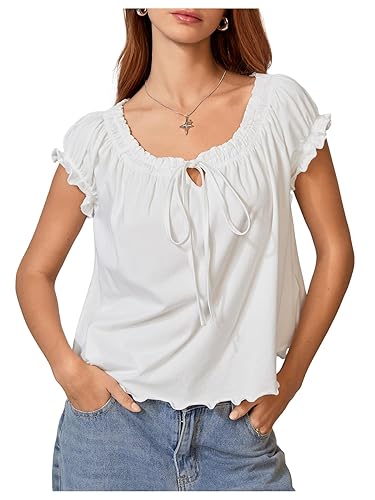 OYOANGLE Women's Cap Sleeve Scoop Neck Tie Front Tops Lettuce