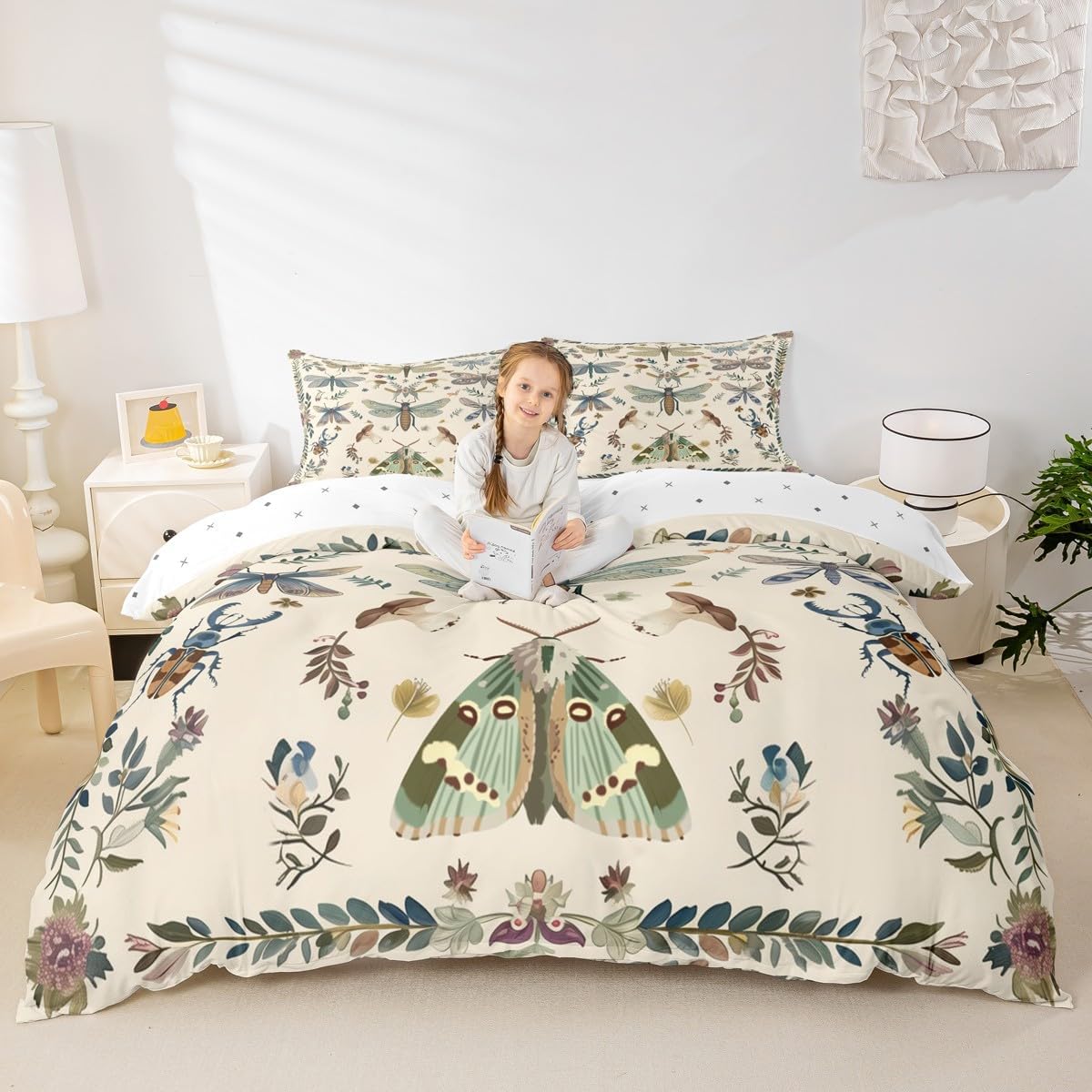 Manfei Insect Animal Kids Duvet Cover Set Queen Size,Flowers Leaf Botanical Plant Bedding Set,Girls Boys Room Decor,Moth Butterfly Mushroom Rustic Farmhouse Quilt Cover,2 Pillowcases(No Comforter)