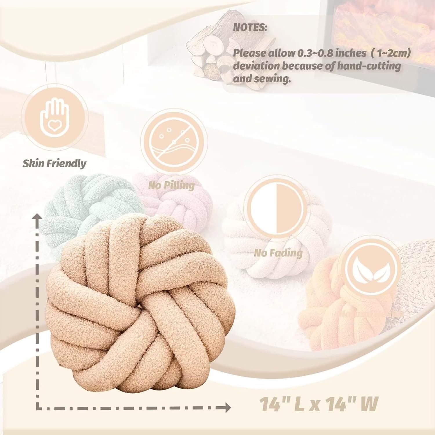 Uvvyui Knot Pillows, 14 Inch Decorative Throw Pillows Round Pillows Cushion, Soft Handmade Knotted Ball Pillow Plush Cushion Home Decor for Bed Couch Living Room (Beige, 14 Inch) - Image 2