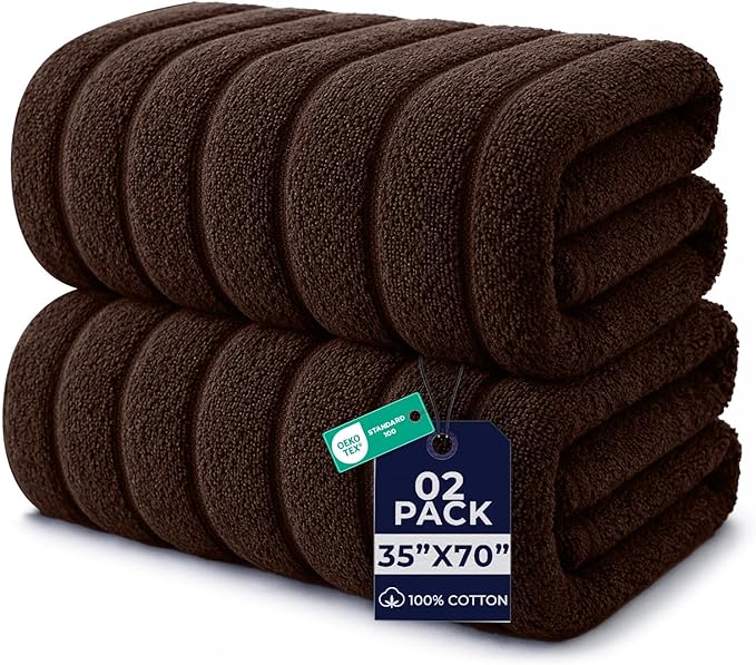 DAN RIVER Pack of 2 Bath Sheet 35x70 Inches, Ribbed Oversized Bath Sheets Towels for Adults, Fluffy and Soft Plush Towels - Brown