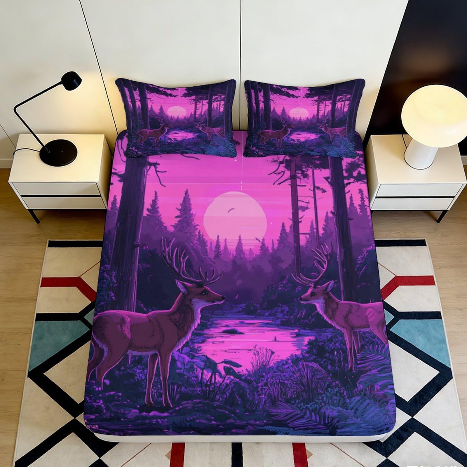 Pnayamiorkfel Style-10 3D Printed Purple Forest Deer Fitted Sheet Microfiber Soft Anti-Slip Nature Sunset Bed Cover For Bedroom Home Decor 90X200x25cm