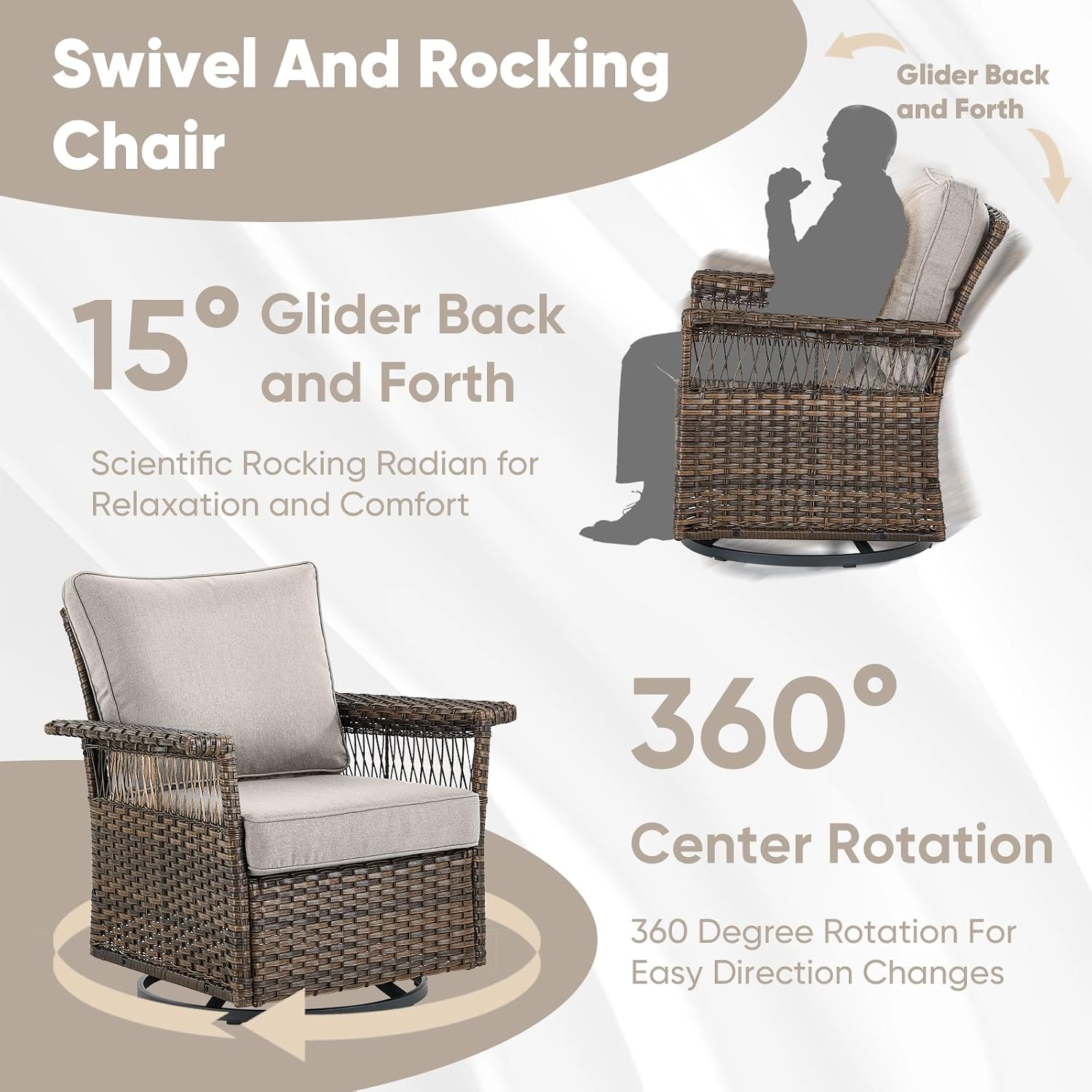 HUMMUH Outdoor Patio Furniture-Swivel Patio Chairs Set of 2 with Ottoman Patio Furniture Set for Deck Porch Balcony Garden-Brown/Beige