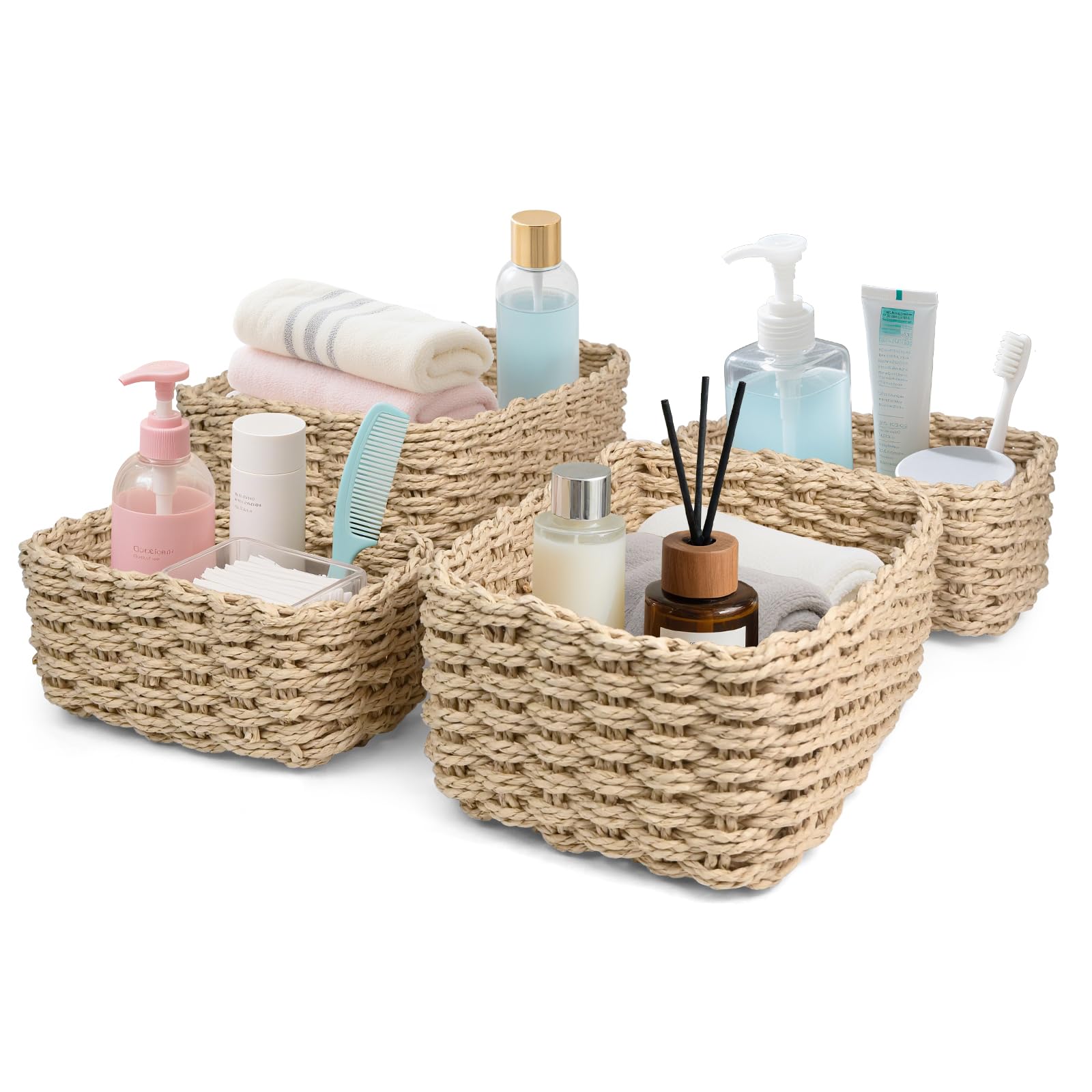 Jukibole Geflochtene Aufbewahrungskörbe 4er Set, aus Papierseil, Boho Stil | 4 Größen zur Aufbewahrung von Kosmetik, Schmuck, Spielzeug und Badaccessoires, ideal für Wohnzimmer, Badezimmer, Küche, Regal