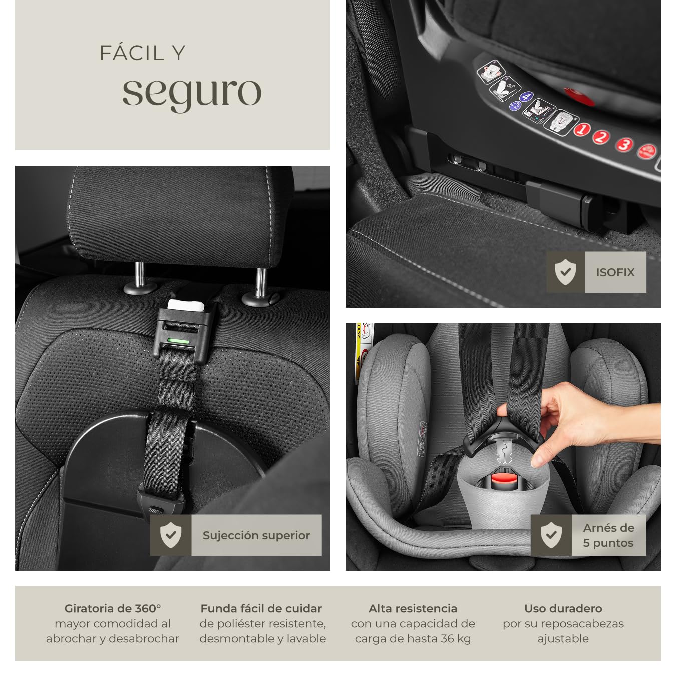 tectake® Silla de Coche Giratoria 360°, Uso Desde el Nacimiento Hasta 150 cm, Homologada i-Size con ISOFIX y Top Tether, Reposacabezas y Arnés de 5 Puntos Ajustables, Protección Lateral, Hasta 36 Kg