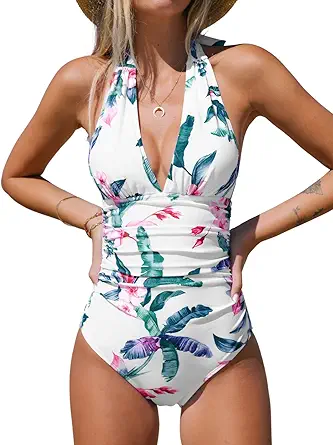 CUPSHE Women V Neck One Piece Swimsuit Halter Backless Ruched Tummy Control Bathing Suit
