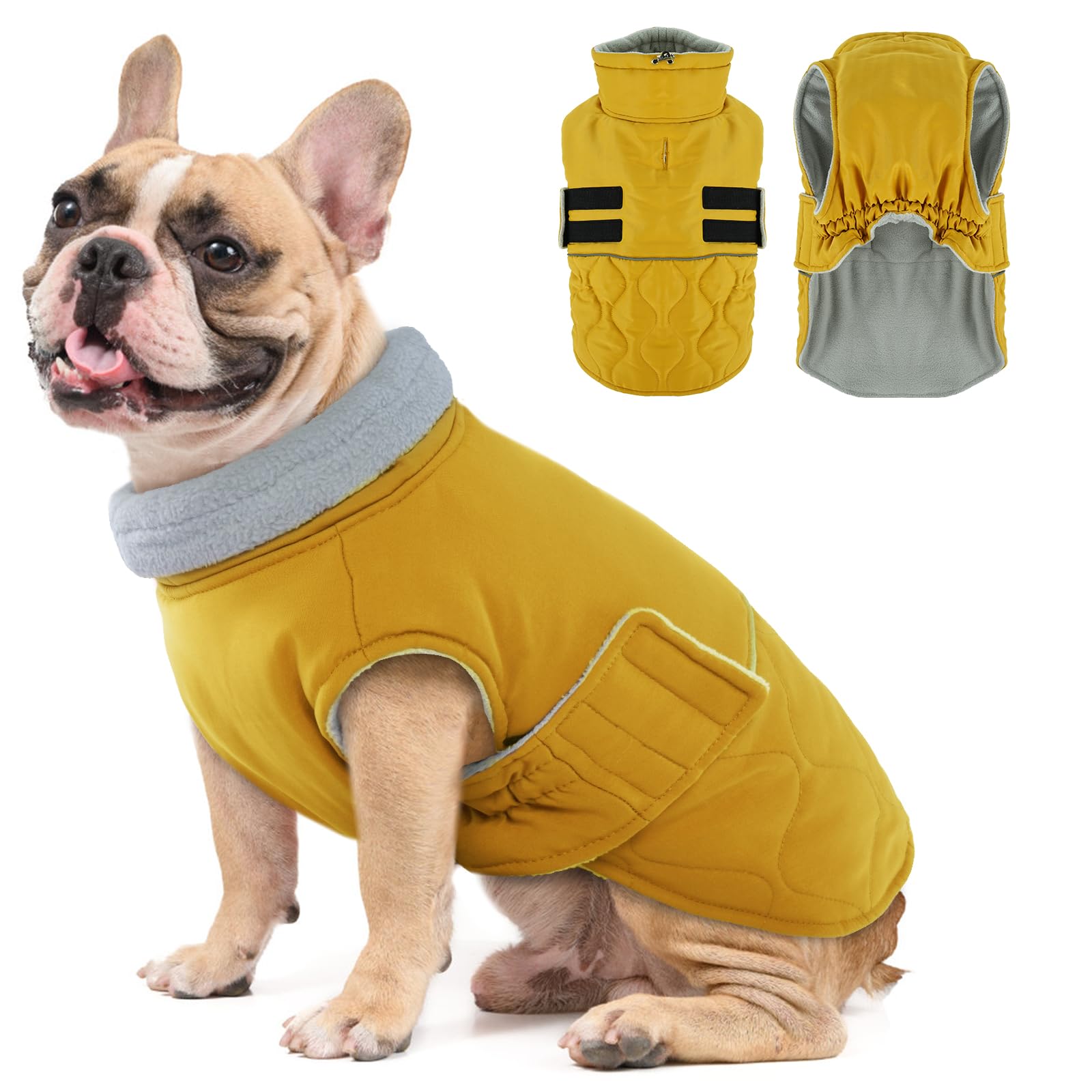 Hjumarayan Dog Winter Coat, Fleece Lined Warm Dog Jacket with Harness Hole, Reflective Quilted Coat Water-resistant for French Bulldog, Pug (Yellow M)