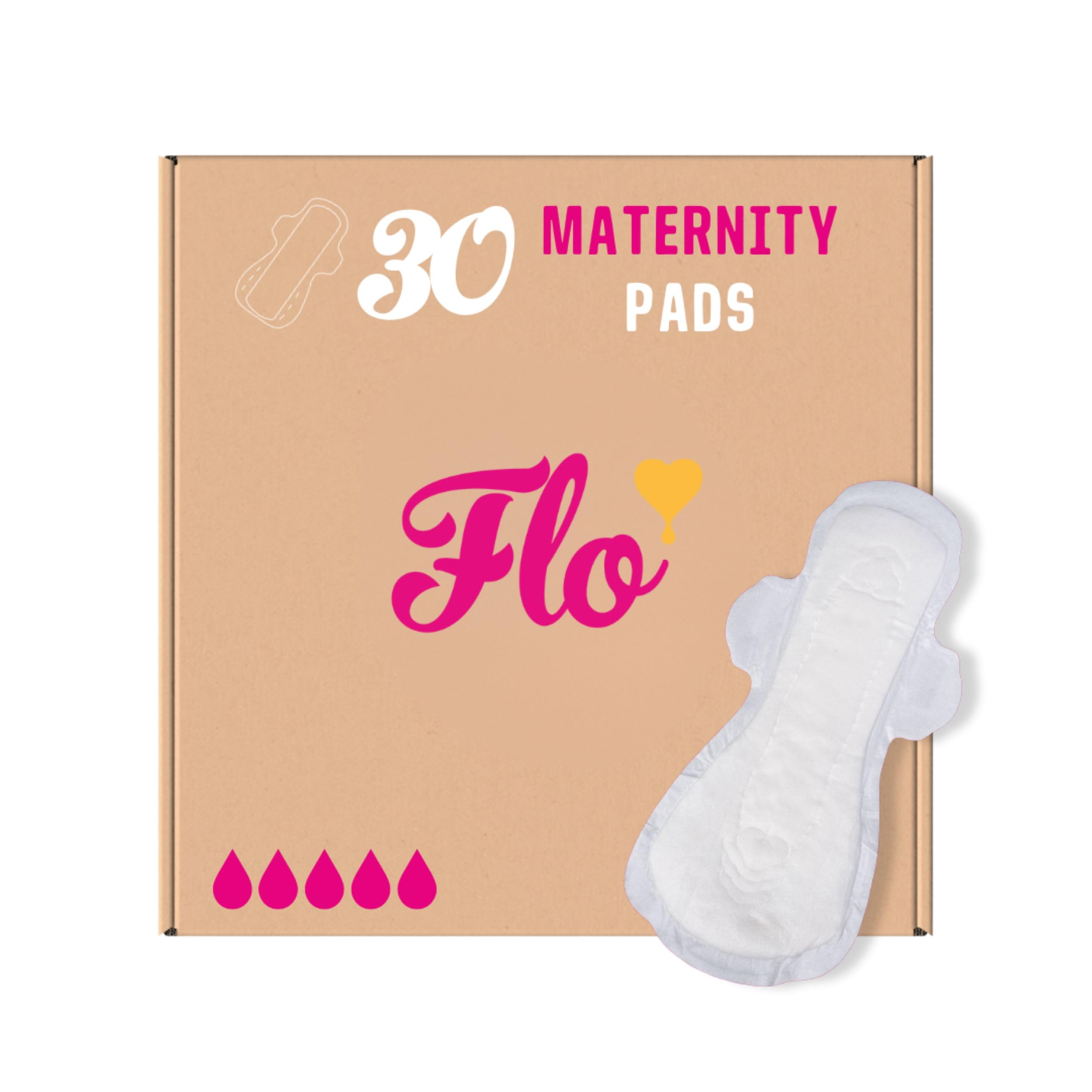 Flo - Extra Long Maternity Pads (30 Pack) - Super Soft + Breathable - 4 Wings - Heavy Flow - Organic Bamboo Period Pads for Women - Postpartum Essentials - Plant Based - Vegan & Cruelty Free