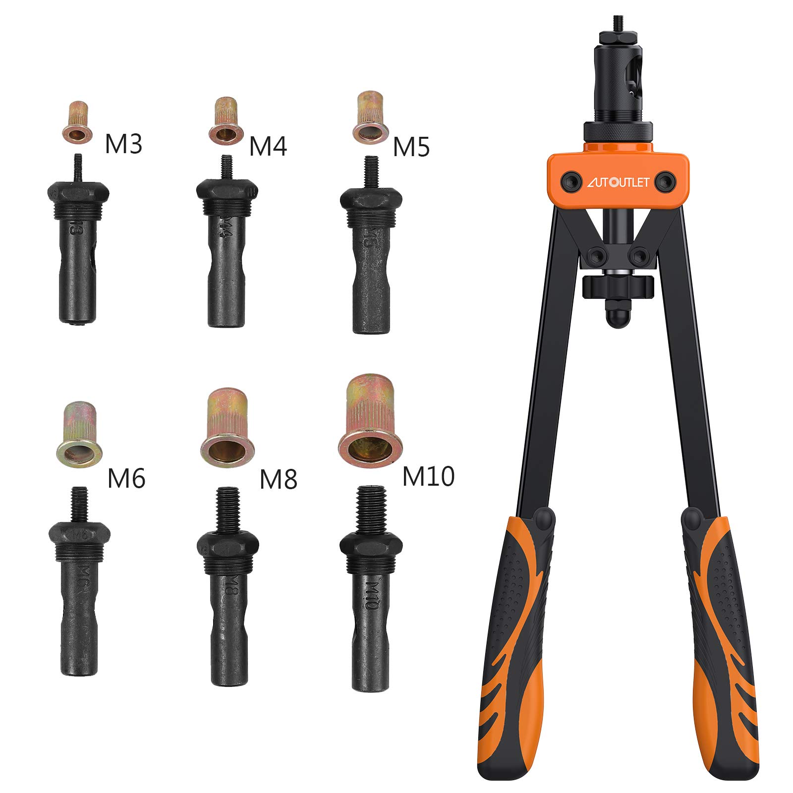 AUTOUTLET Remachadora de Tuercas, 14" Remachadora Profesional, con 150PCS Tuercas de Remache, 6 Mandriles Intercambiables M3 M4 M5 M6 M8 M10, Llave Incorporada, Herramientas de Remachado - Naranja