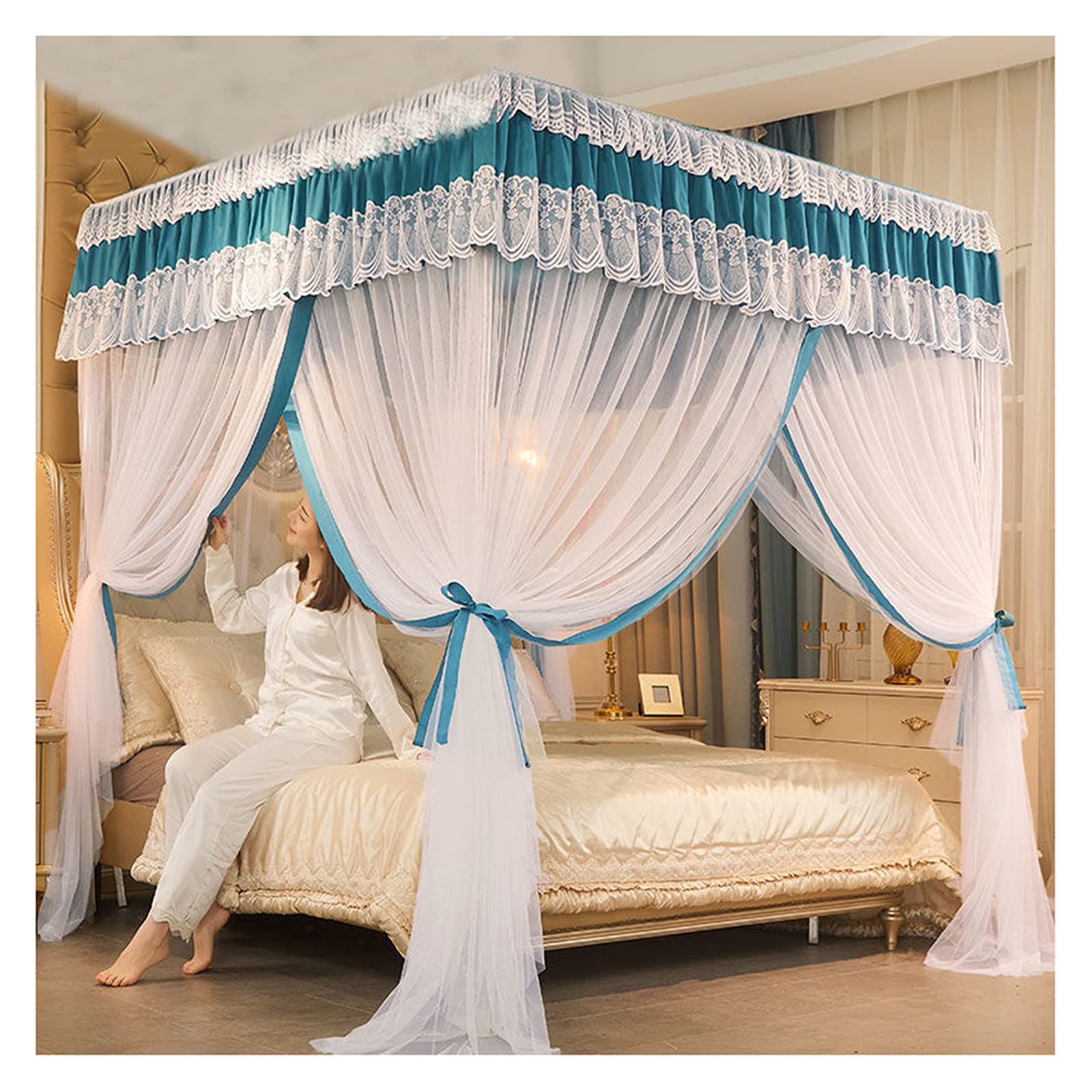 GTHTUHFD Princess Bed Canopy Bedroom 4 Corner Post Canopy Curtains Double Embroidery Lace Mosquito Net Blackout Bed Curtains For King Size Bed,Mosquito Net-1.8×2.2m