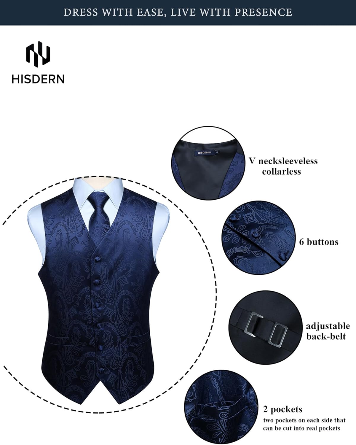 HISDERN Mens Vest Tie Set 3PC Formal Waistcoat Paisley Floral Jacquard Necktie Pocket Square Suit Vests Wedding Party