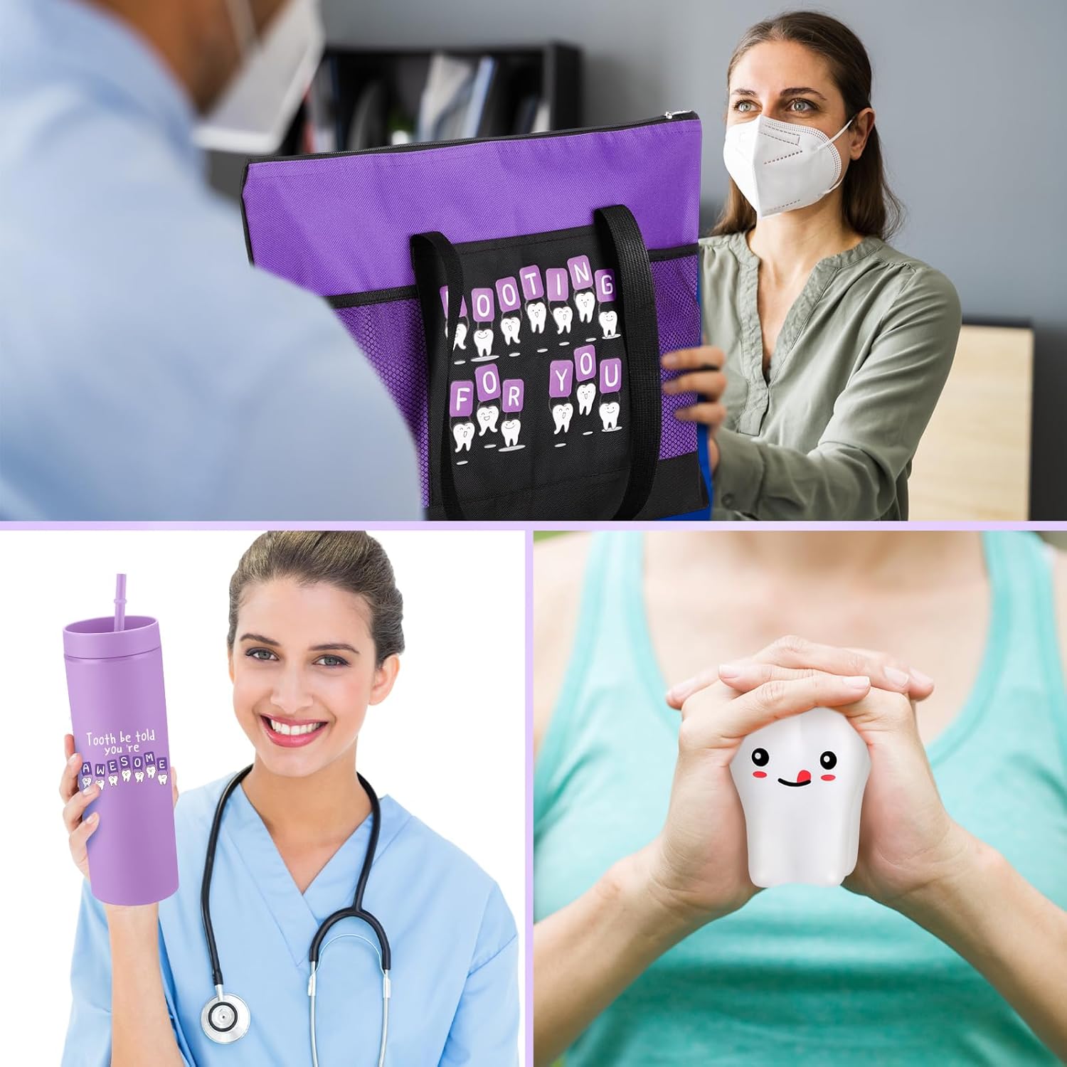 3 Pcs Dental Hygienist Gifts for Women Men Dental Assistant Gifts Inspirational Dentist Tote 16 oz Dentist Tumbler Teeth Stress Toy for Office Coworker Staff Employees Team(Purple) - Image 6