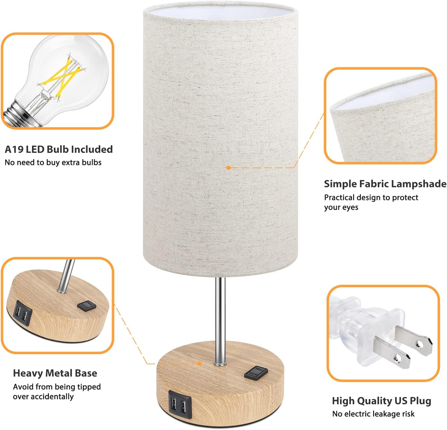 Bedside Table Lamps with 2 USB Charging Ports & AC Outlet, Set of 2 Touch Control Wooden Base Nightstand 3-Way Dimmable Lamps with Beige Fabric Shade for Bedroom, Living Room, A19 E26 Bulbs included
