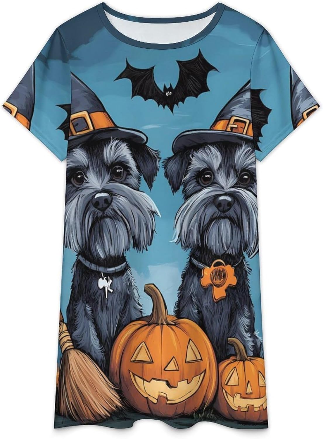 Halloween Schnauzer Cute Pumpkin Bat Spider Womens Nightgown Short Sleeve Sleepshirts Loungewear