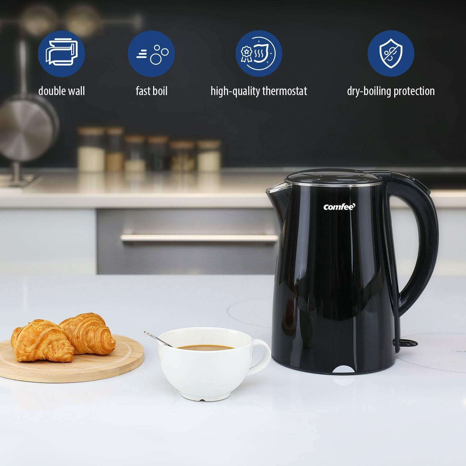 COMFEE' 1.7L Double Wall & Low Noise Electric Kettle with 100% Stainless Steel Inner Pot and Lid. Cool Touch & BPA Free. 1500W Fast Boil. Cordless with Auto Shut-Off & Boil Dry Protection. Black
