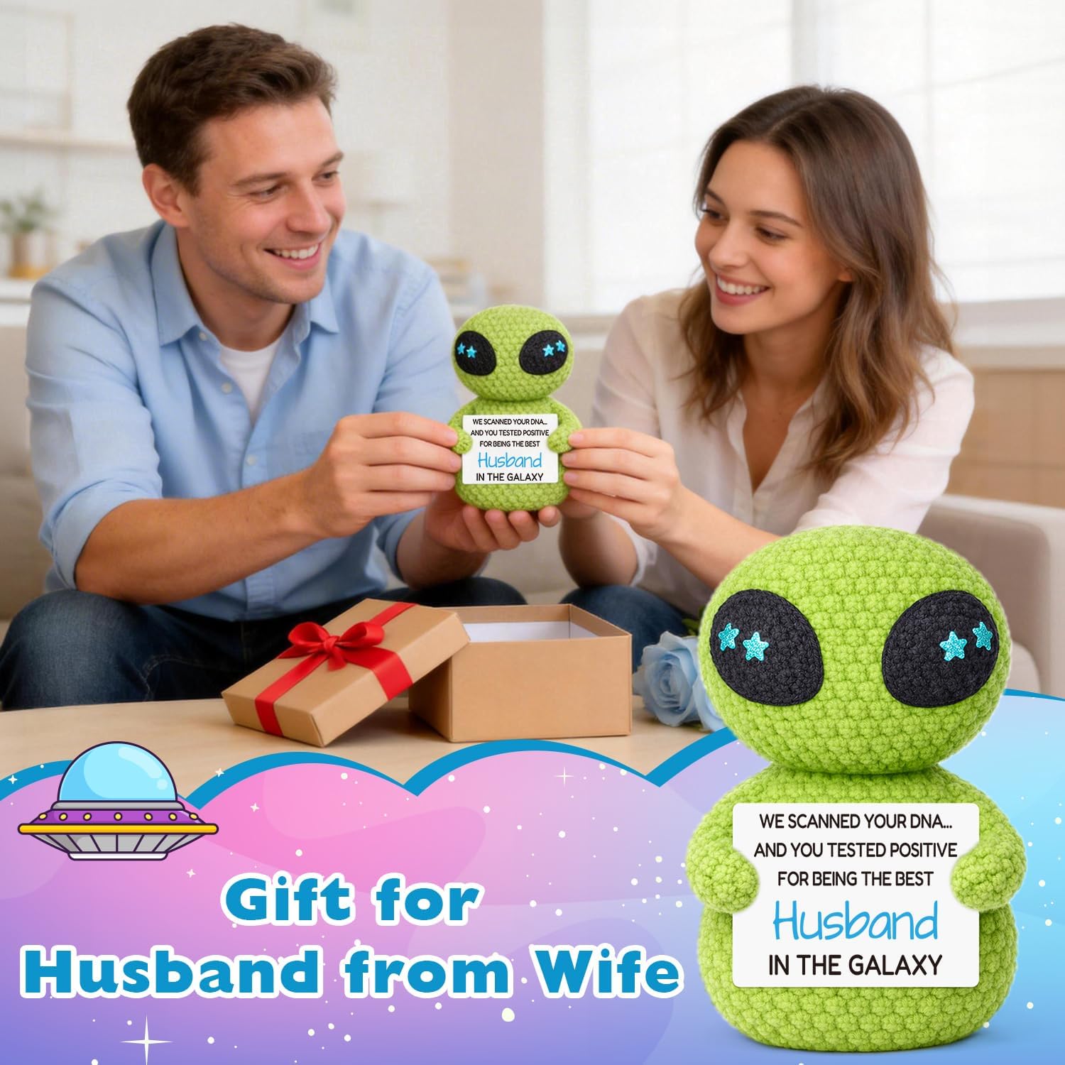 Gift for Fathers Day Husband from Wife, Funny Handmade Crochet Alien Gifts for Wedding Anniversary Birthday, Couple, Hubby, Spouse, Romantic Best Husband Ever Gifts Birthday Present for Men Him
