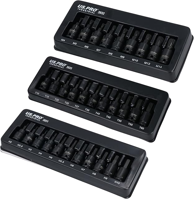3/8in Drive Impacted Impact Shallow Hex Allen Torx Star + Spline Bits 31pc Set
