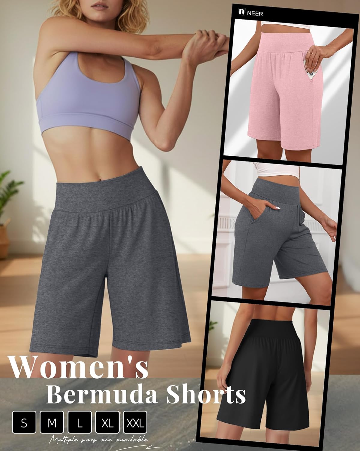 Neer 3 Pack Women's Bermuda Shorts, High Waist Cotton Stretch Casual Bottoms Knee Length Summer Athletic Short with Pockets(Black, Pink, Dark Mixed Gray,Medium) - Image 6