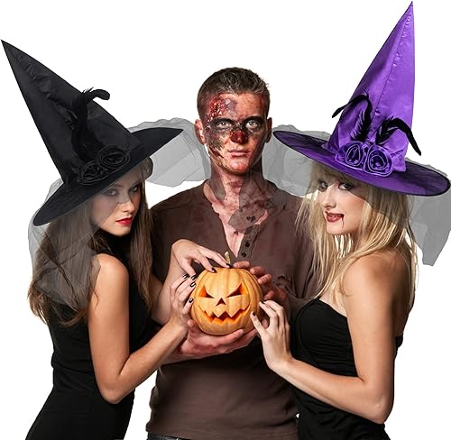 Vista 4 de wonuu Sombrero de bruja de Halloween para mujer, sombrero de bruja para adultos, accesorios de bruja para Halloween, cosplay, fiesta de disfraces