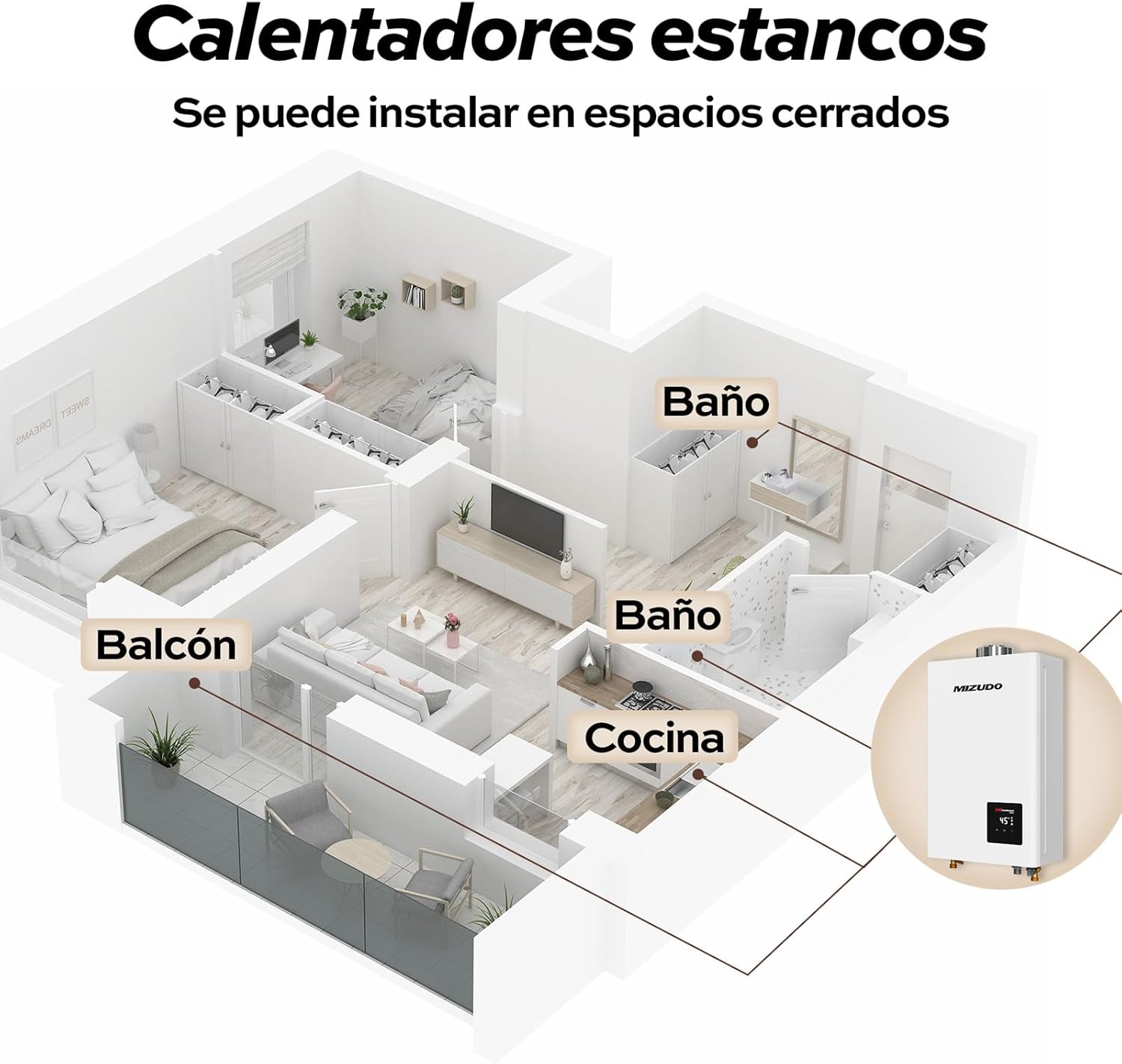 Diagram showing a floor plan with the MIZUDO water heater connected to hot water outlets in the bathroom, kitchen, and balcony, indicating it can be installed in enclosed spaces.