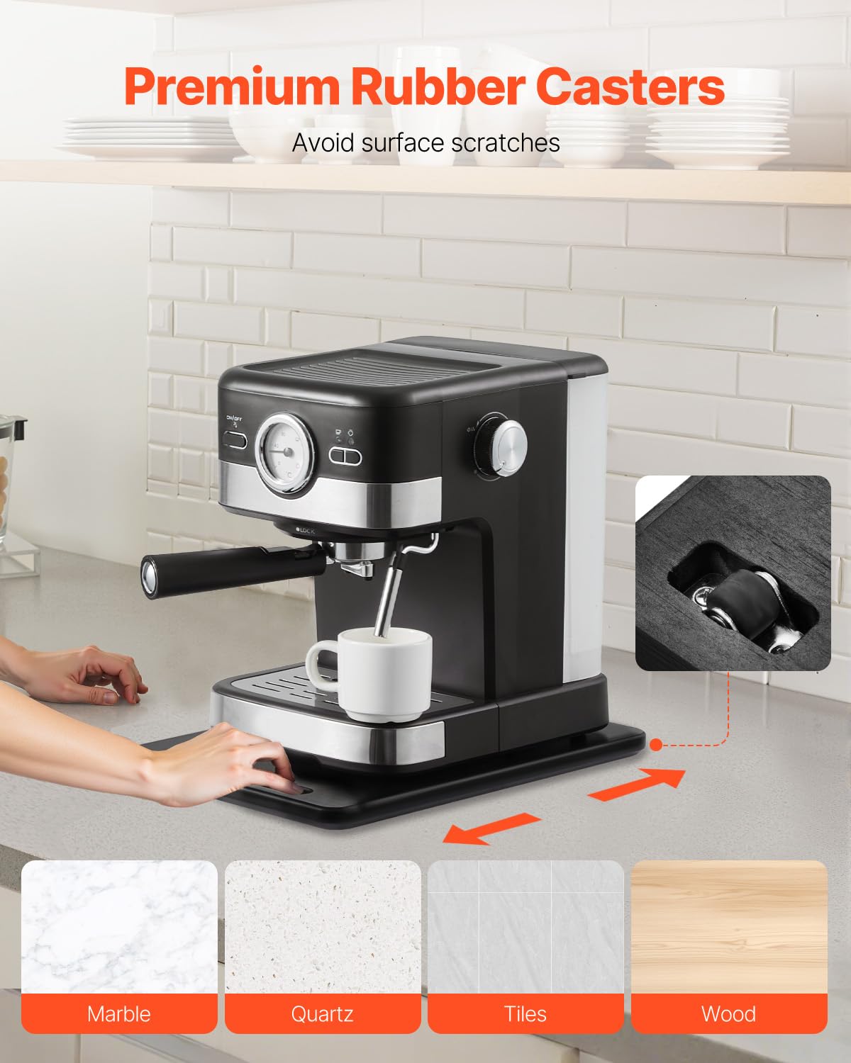 VEVOR Plateau Coulissant pour Appareils de Cuisine, 35,6x24,1 cm, Plateau Roulant avec Roulettes en Caoutchouc, Poignée Creuse, Planche Mobile, pour Cafetière, Petits Électroménagers de Cuisine, Noir