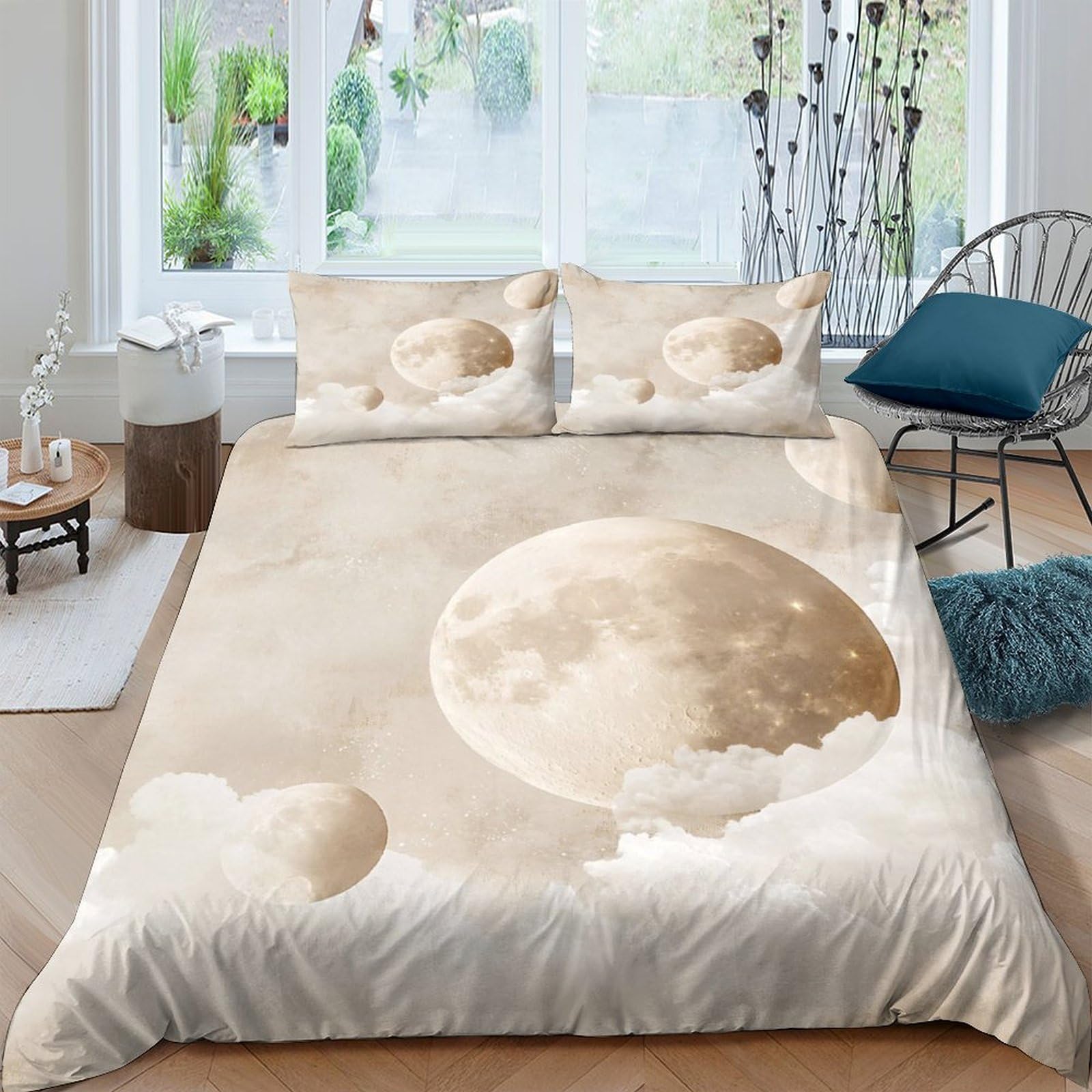 GPLZQXKJNH 3D Printed Moon Cloud Duvet Cover Microfiber Soft Breathable Lunar Bedding Set with 2 Pillowcases for Bedroom Decor Single（135x200cm）