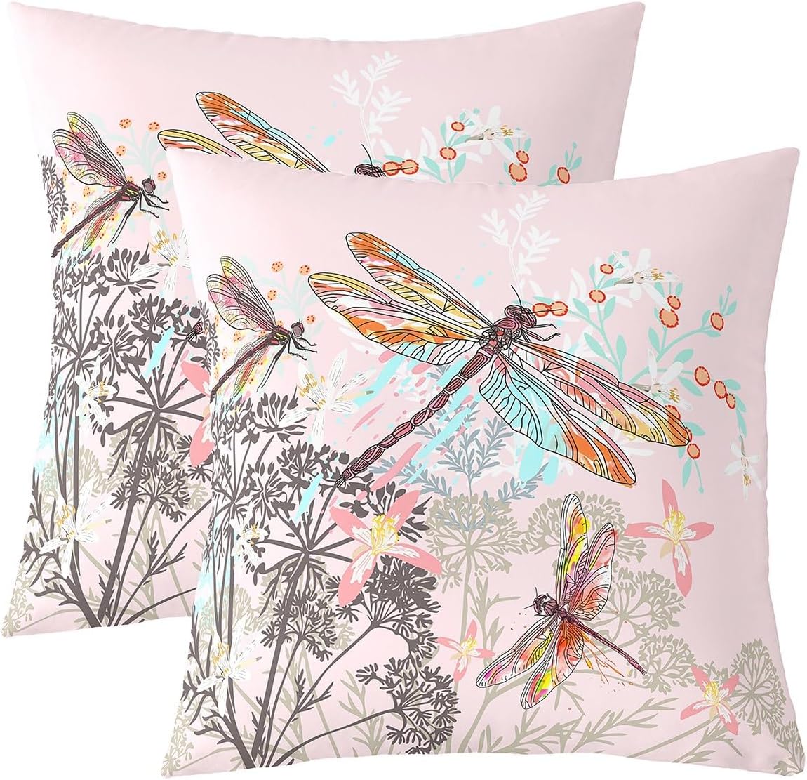 Feelyou Dragonfly Throw Pillow Covers 24x24 Inches Dandelion Floral Cushion Covers for Kids Girls Teens Women Bedroom Decor Nature Animals Botanical Pillowcases for Sofa Bed Couch Pink