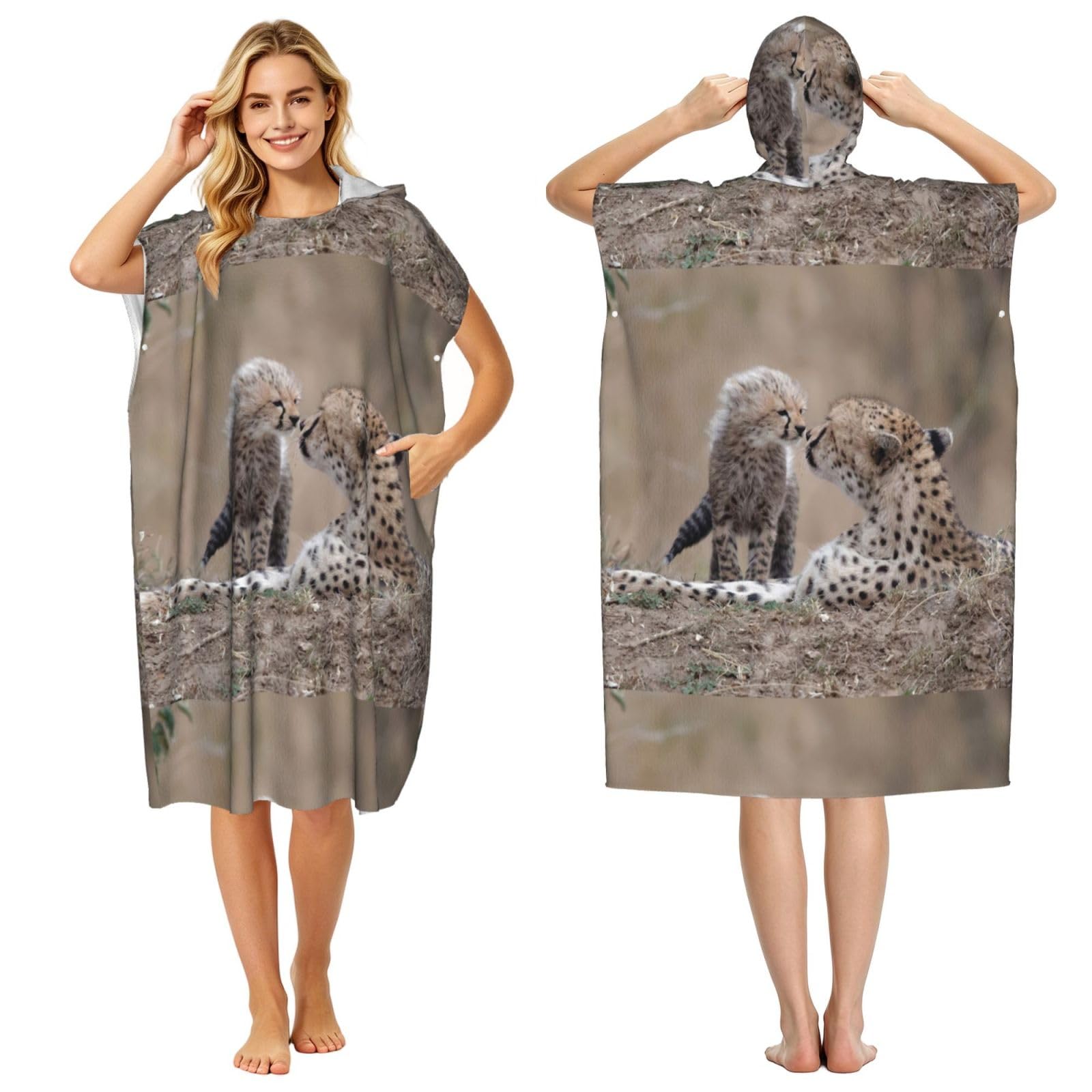 Poadnly Cheetah, Adult Hooded Beach Towel 90 x 110 cm,Changing Bath Robe, Surf Poncho Towel For Women Men