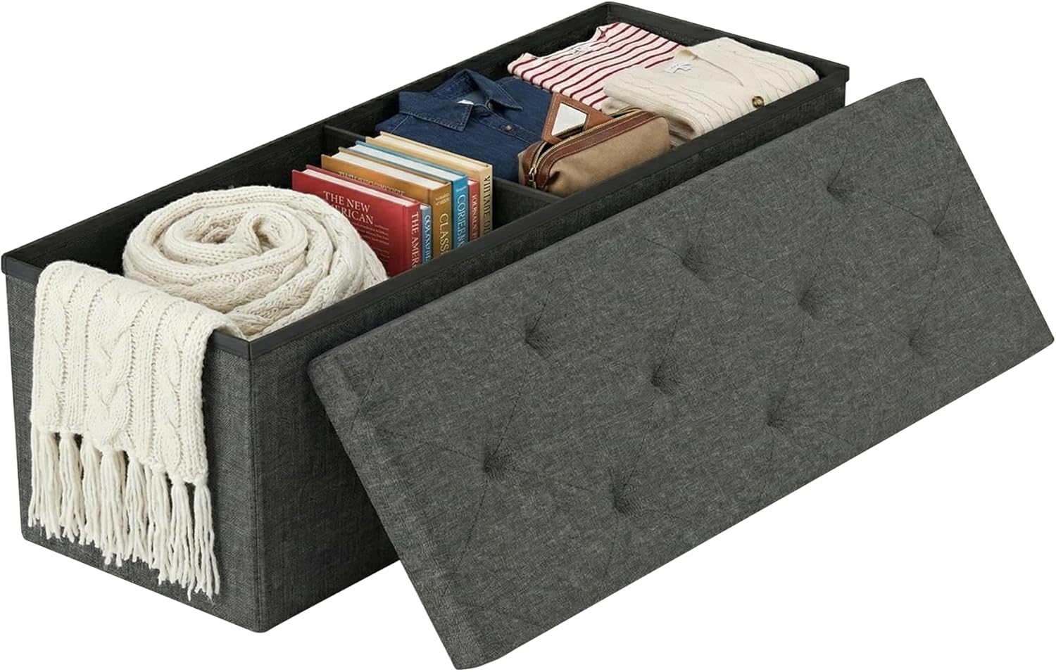 Foldable Storage Ottoman Bench, Storage Chest, End of Bed Foot Rest Stool with Padded Seat, 43 Inch Bedroom Bench for Living Room, Support 660lbs, Grey