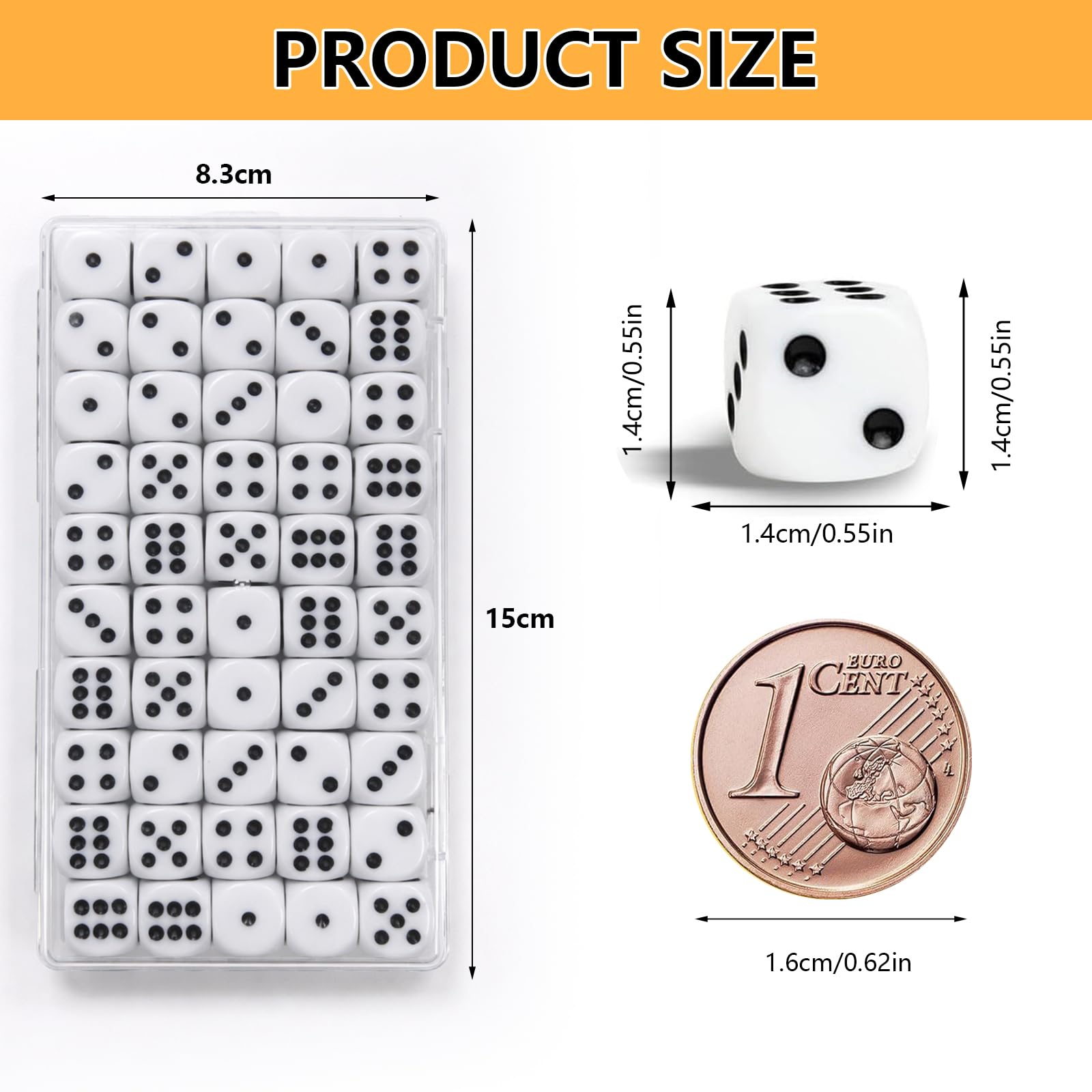Set di 100 Dadi da Gioco 14mm, Dadi a 6 Facce Standard D6 in Acrilico, Ideale per Giochi da Tavolo e Didattica Matematica, Include 2 Scatole Contenitore Trasparenti (Bianco)