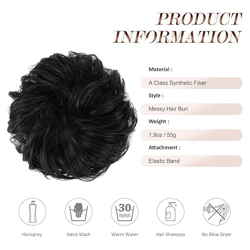 Miniatura 5 de FESHFEN Extensiones de cabello sintético rizado y ondulado con moño, color negro natural, para mujeres y niñas