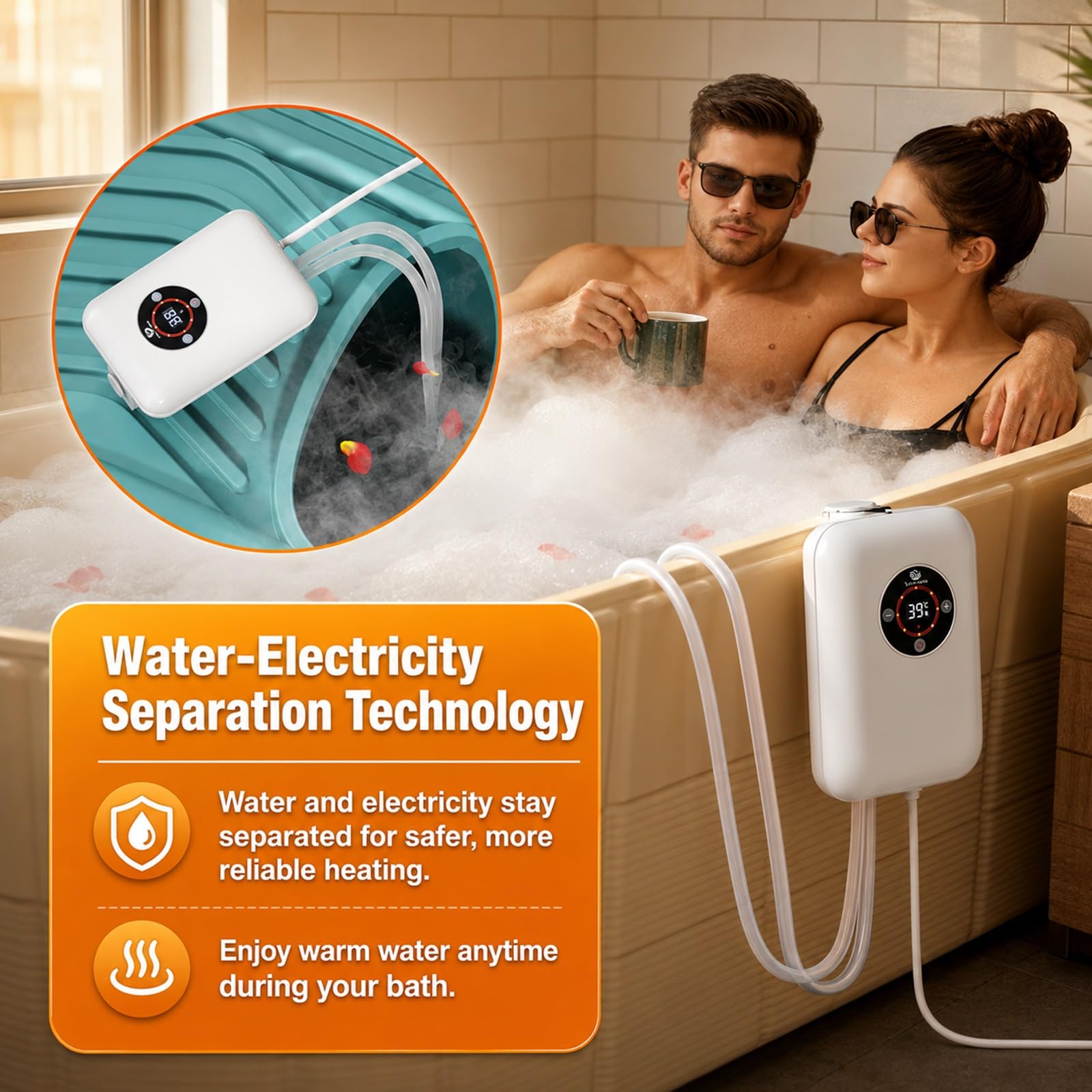 Termostato Portatile 1200W Per Riscaldatore Di Piscine Gonfiabili E Vasca Da Bagno, Controllo Preciso Della Temperatura 30-42°C, Protezione Contro Il Surriscaldamento, Riscaldamento Rapido