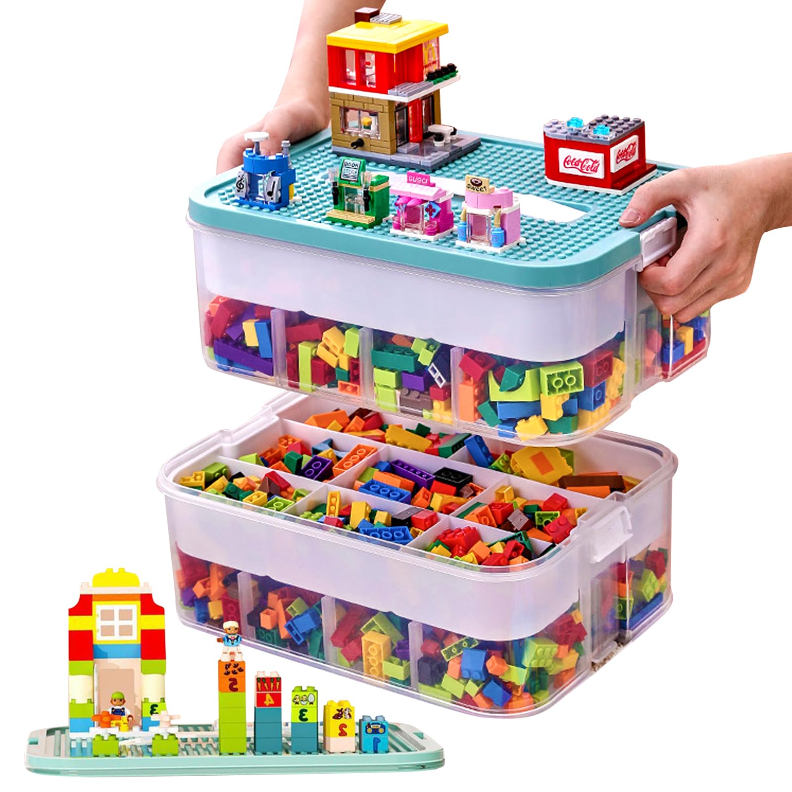 alouweekuky Storage Box for Lego with Lid, 2 Layers Plastic Storage Box for Lego Organizers, Stackable Storage Box Transparent for Children's Toys