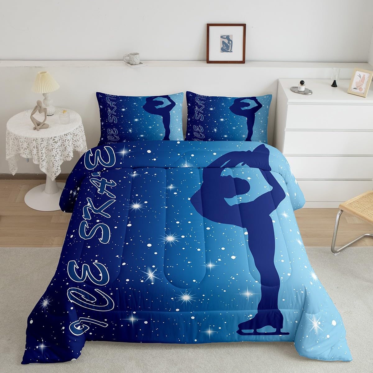 Manfei Ice Skating Comforter Set Twin Size,Figure Skating Winter Sports Girl Silhouette Bedding Set 2 Pcs for Boys Girls,Navy Blue Gradient Starry