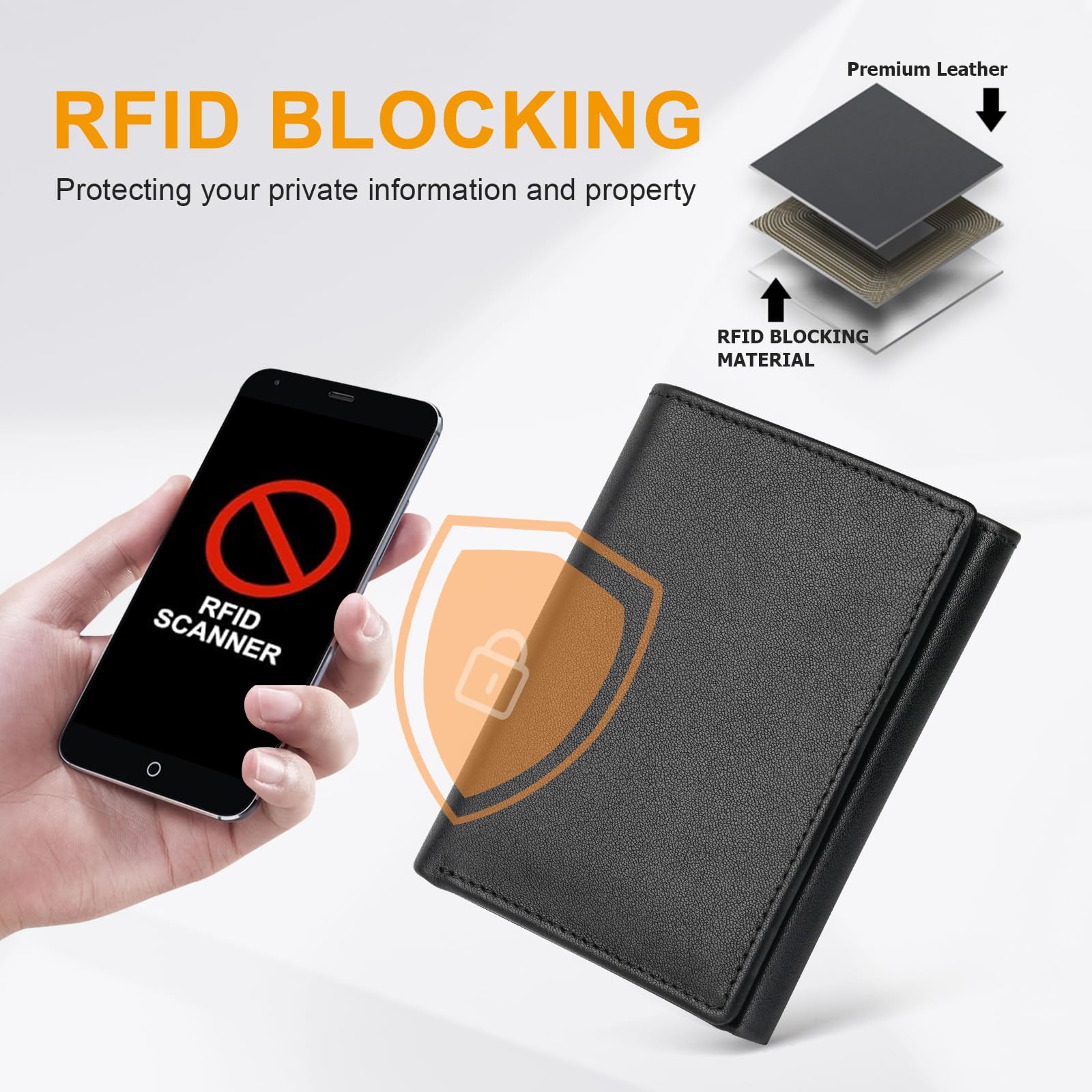 Billetera triple de cuero genuino para hombres, con bloqueo RFID para hombre, carteras con ventana de identificación, Negro -, Cartera triple de cuero genuino para hombre 4