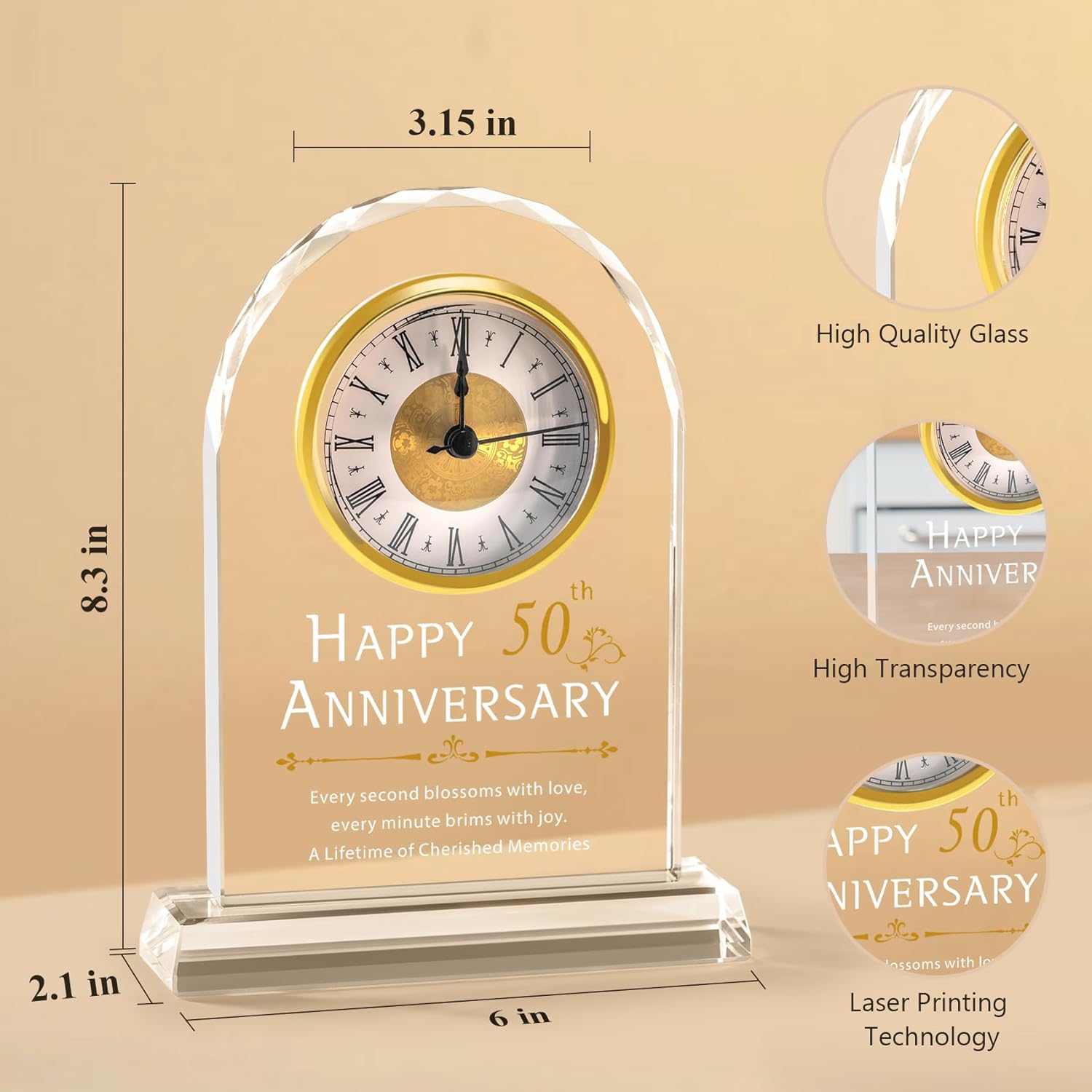 50th Wedding Anniversary Crystal Clock Gifts for Couple Parents, 50 Year Anniversary Wedding Gifts Quartz Clock Gifts for Husband Wife, 50th Wedding Anniversary Decorations - Image 5