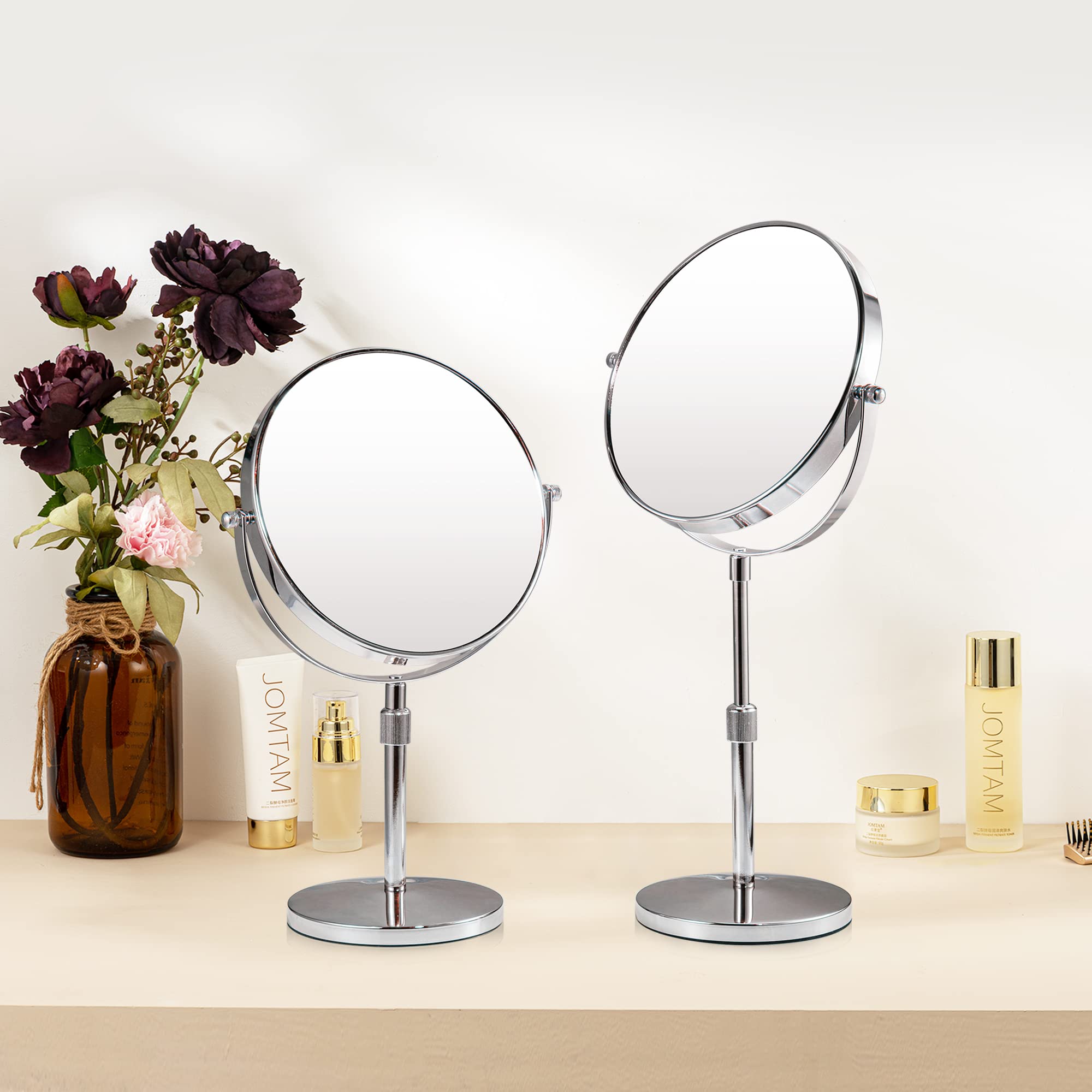 Espejo de maquillaje de mesa de 17 pulgadas de alto, espejo de tocador de altura ajustable, aumento 1X/10X, 8 pulgadas, grande, doble cara, giratorio de 360°, espejo de maquillaje redondo clásico para