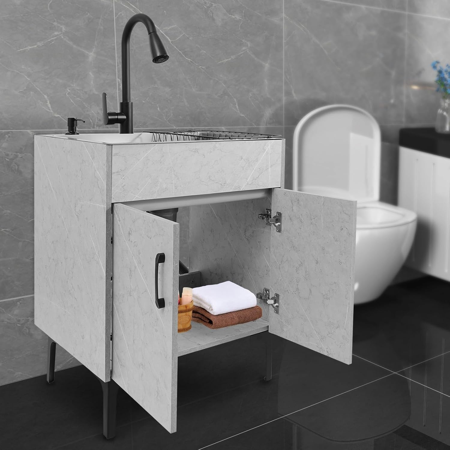 24in Grey Laundry Sink Cabinet w/Pull-Out Sprayer Faucet, Mulifunction Stainless Steel Utility Sink with Cabinet, Freestanding Utility Sink with Cabinet for Laundry Rooms, Utility Rooms, Studios