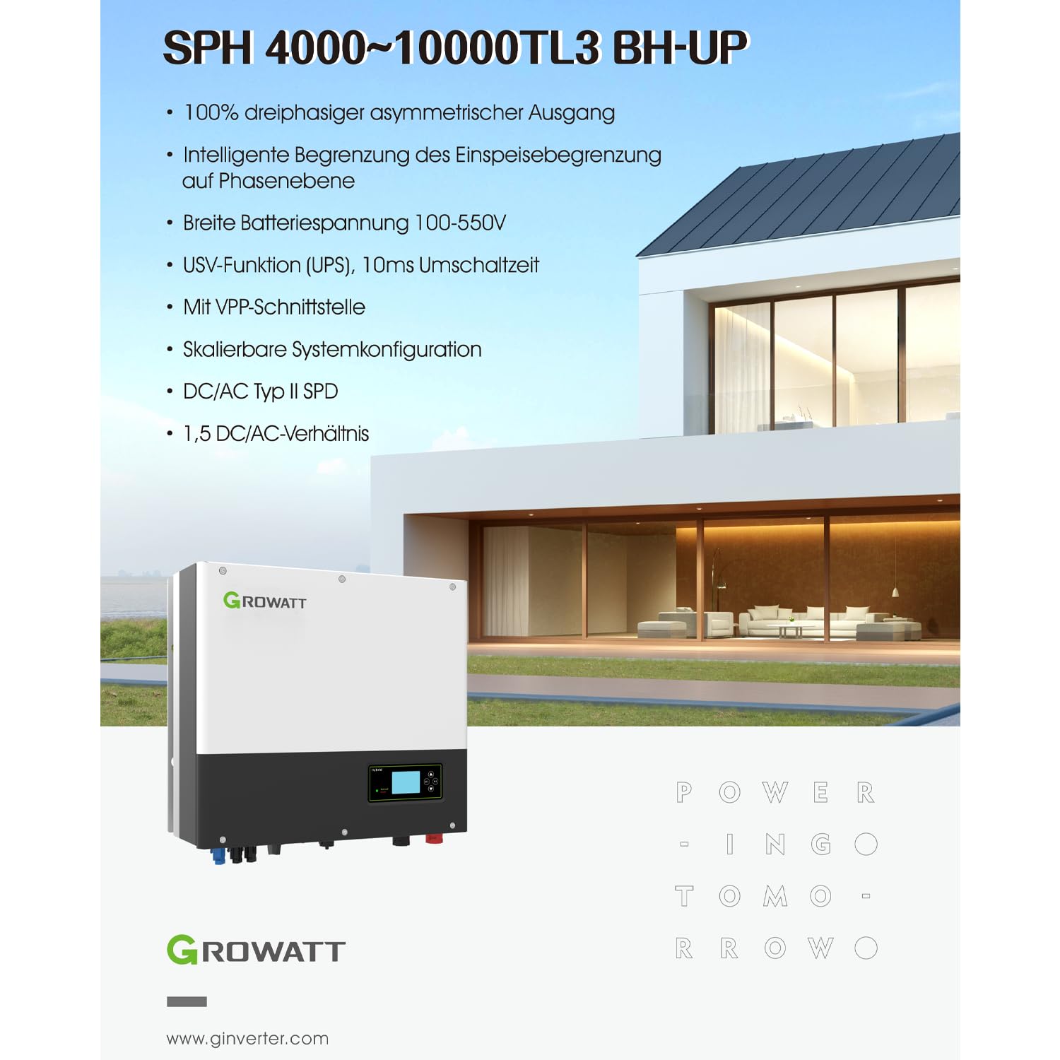 Growatt 10kW Hybrid-Wechselrichter SPH 10000TL3 BH UP – 3-phasig, 2 MPP Tracker – mit Option für eine Solaranlage mit PV- Speicheranbindung