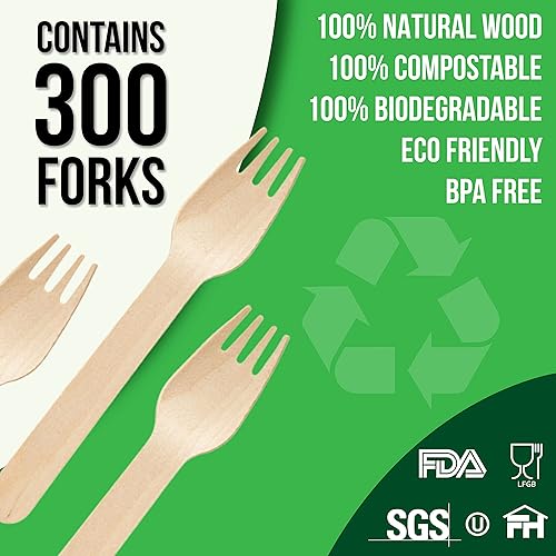 Miniatura 2 de Juego de cubiertos de madera desechables de 300 piezas en total, cubiertos biodegradables compostables ecológicos, juego de 300 tenedores de madera