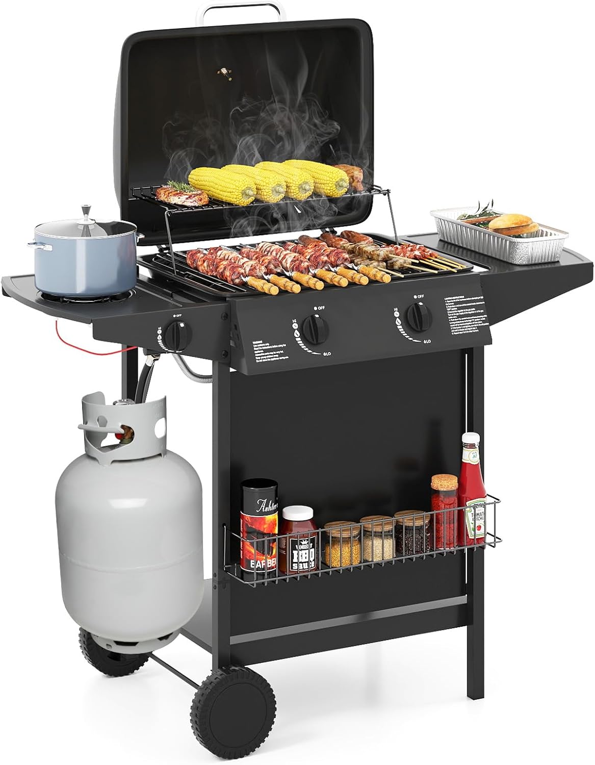 Happygrill 2 + 1 Burner Propane Gas Grill, 30,000 BTU Outdoor Cooking Grill with Storage Shelves & Porcelain-Enameled Grates, Portable BBQ Grills on Wheels w/Thermometer for Backyard, Camping & Picnic