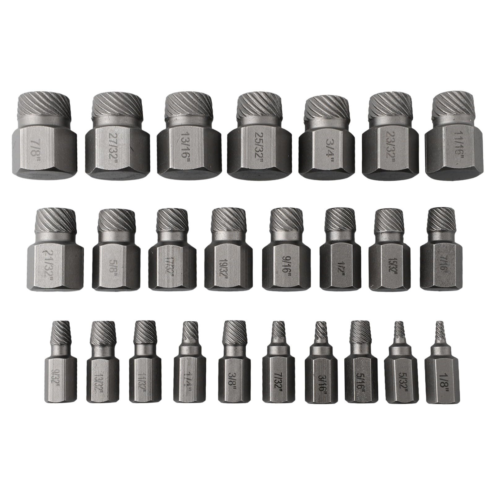 Set di 25 estrattori per viti in acciaio ad alto tenore di carbonio per viti danneggiate e arrugginite, rotazione a sinistra con profilo a più denti, per auto e officina, misure da 1/8 a 7/8