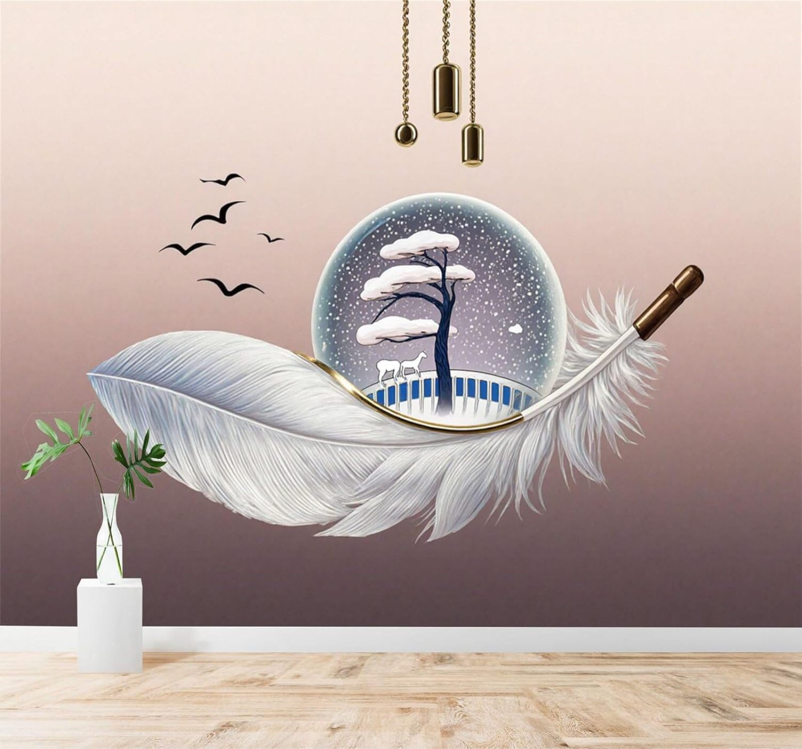 Xlming 400Cm×280Cm(B×H) Trees Feathers Birds Winter Scenery Snow Globe 3D Wallpaper Silky Texture Home Study Office Grey Dining Room Sofa Bedroom Living Room Tv Backdrop-400Cm×280Cm