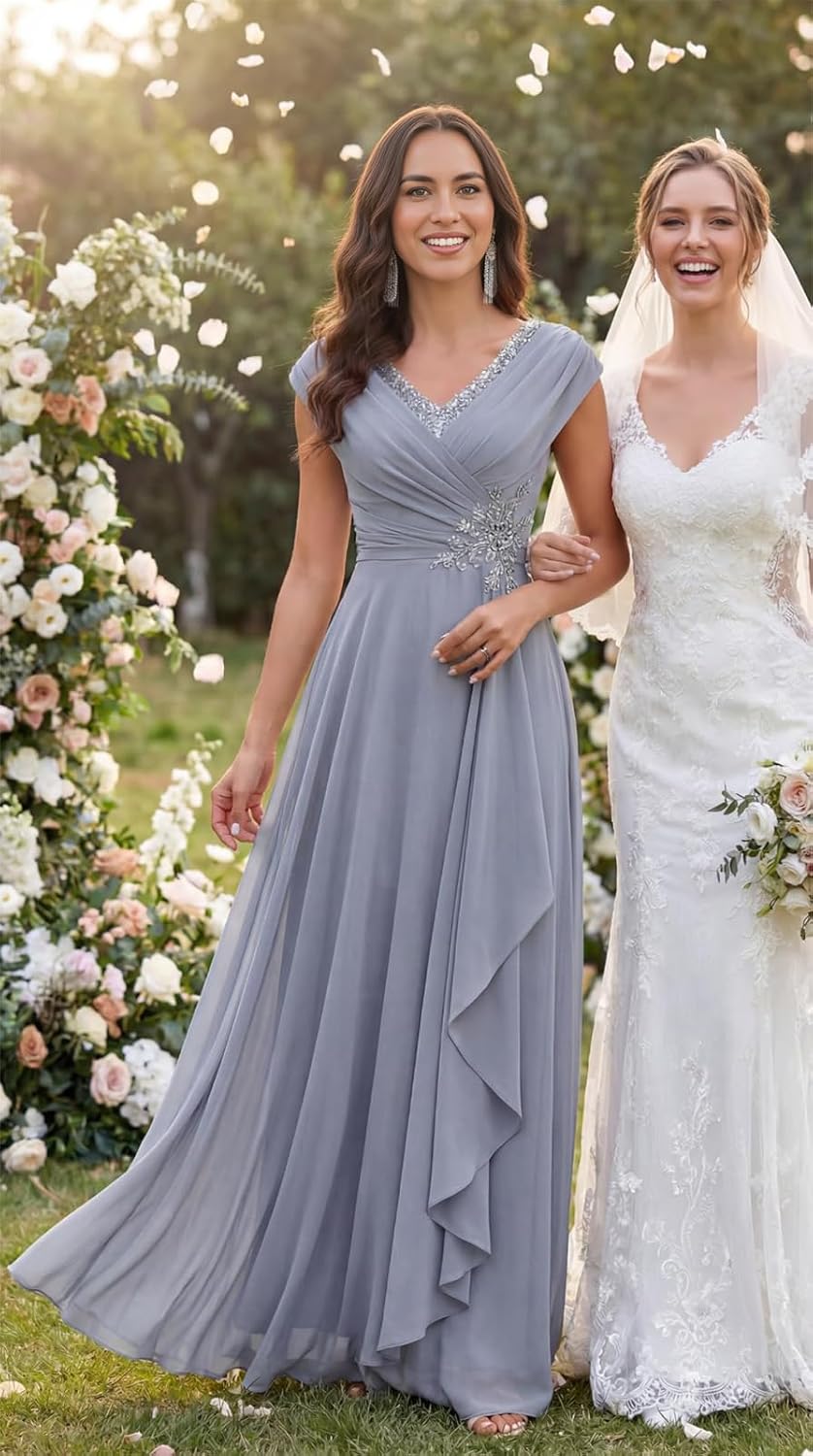 Clixsy V-Neck Beaded Chiffon Mother of The Bride Dress - Lace Up Back Formal Gown for Wedding Guest