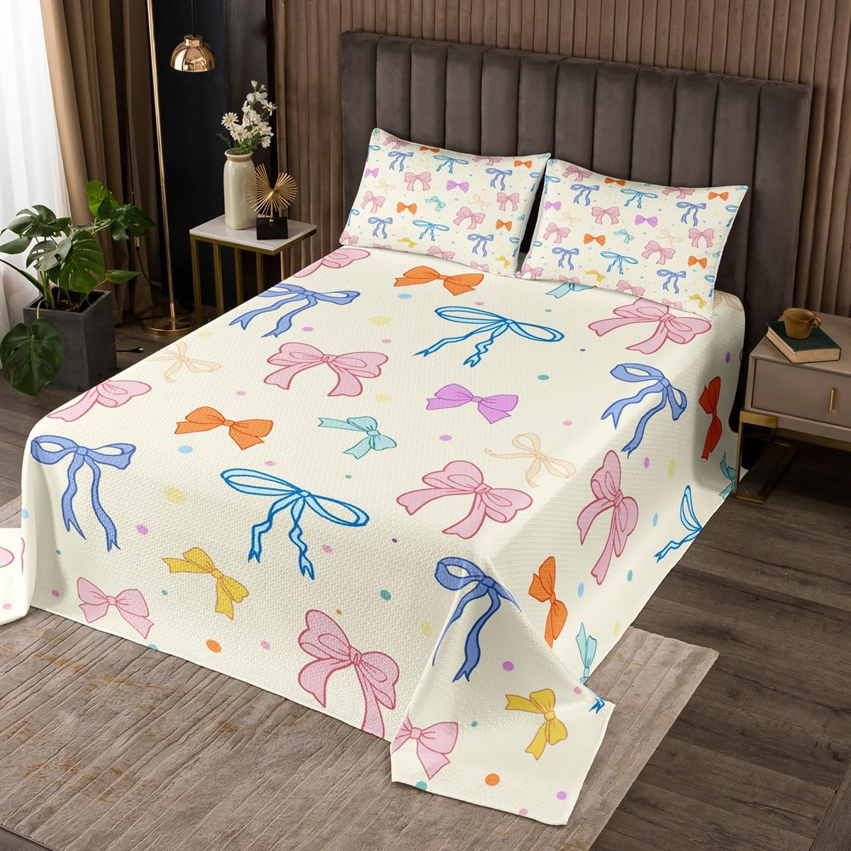 Kawaii Bowknot Coverlet Set Queen Size Cute Dots Colorful Bedspread Fashion Room Decor Girly Style Bow-tie Quilted for Teens Gift Dreamy Cartoon Bedding with 2 Pillowcases