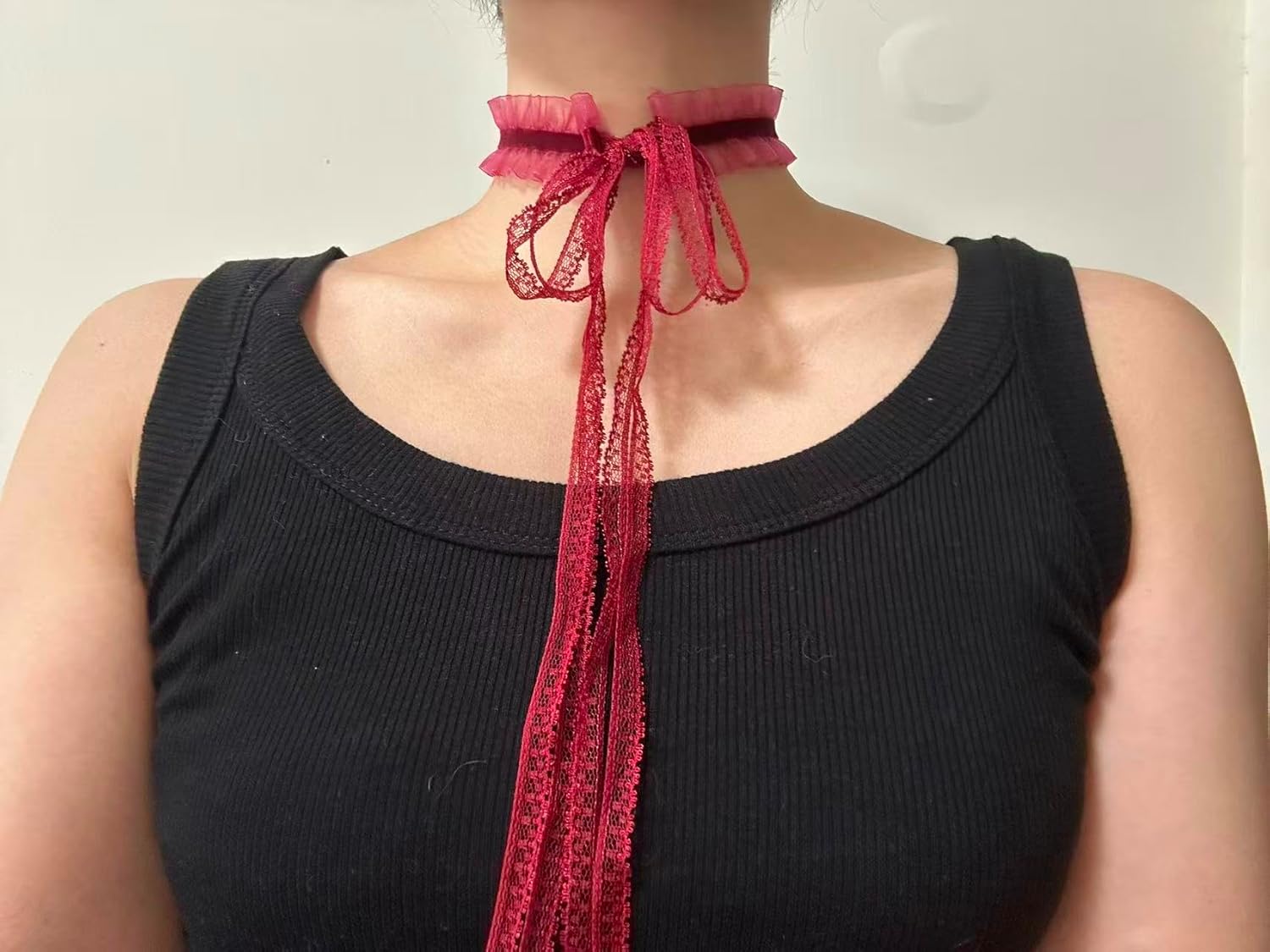MOMOCAT Red Lace Tie Bow Stretchy Velvet Choker Necklace for Women Burgundy Ribbon Chokers Necklaces for Woman Gothic Cute Chockers 90s Chocker Jewelry Accessories for Women Girls - Image 3
